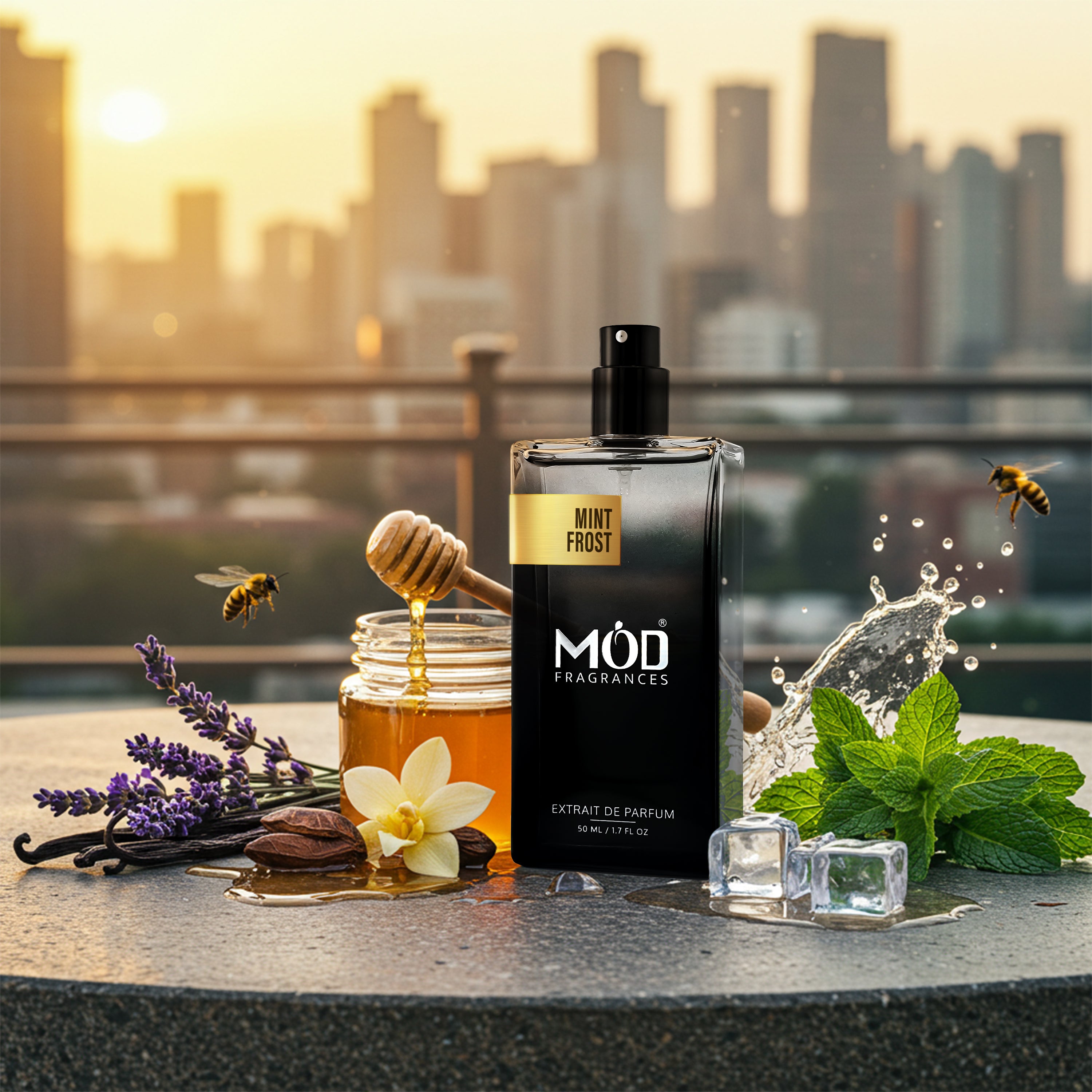 Inspired by Le Male elixir Mint Frost MOD Fragrances bottle with honey, lavender, and ice cubes against a cityscape background