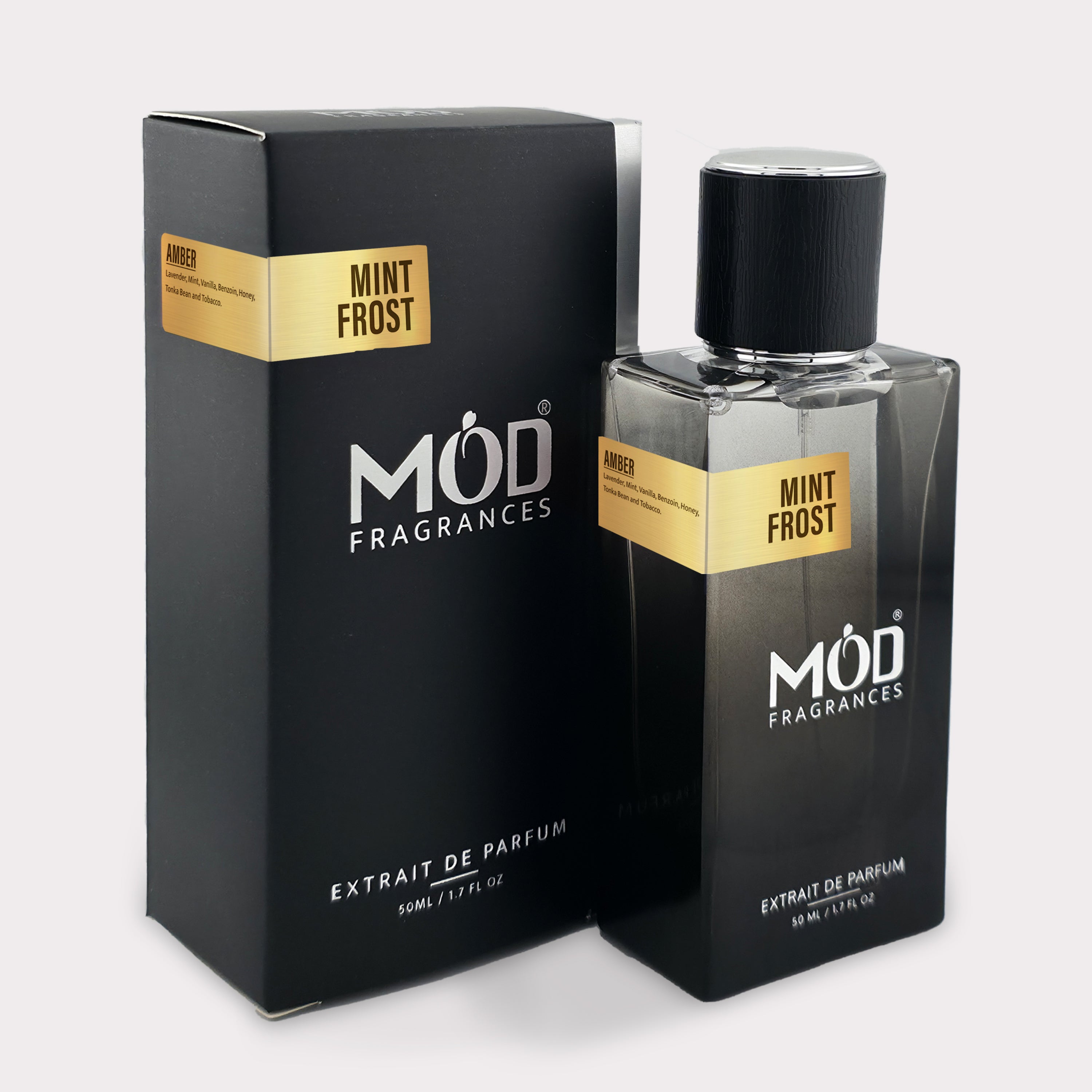 Inspired by Le Male elixir Möd Fragrances Mint Frost perfume bottle and packaging on a white background