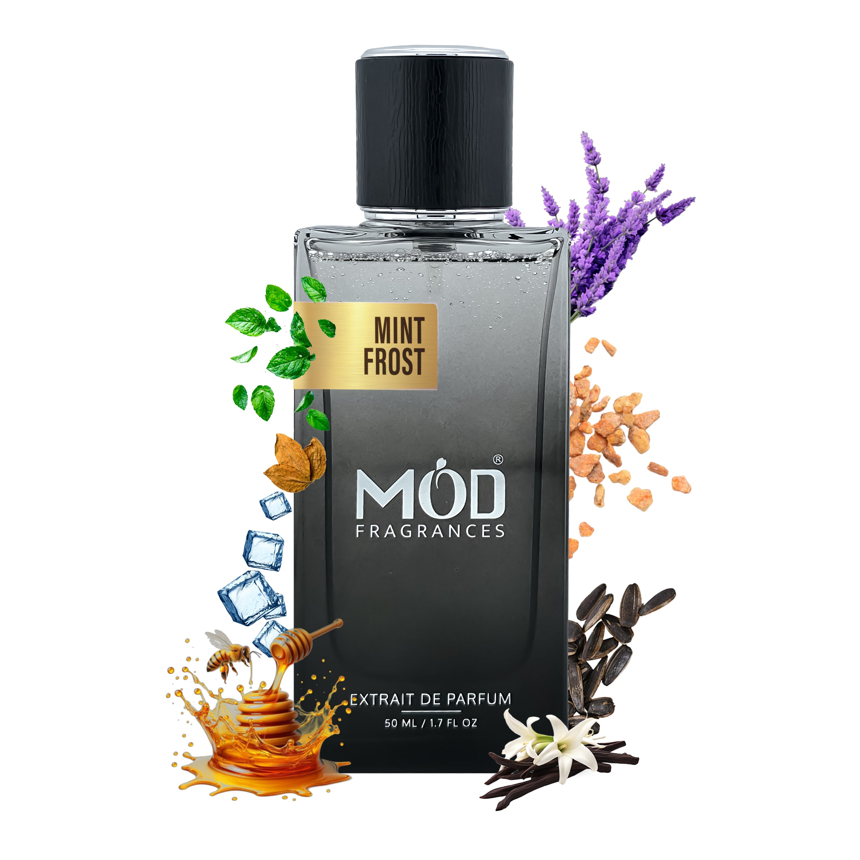 Inspired by Le Male elixir Perfume bottle labeled 'Mint Frost' by MOD Fragrances with floral and nature-themed elements on a white background.