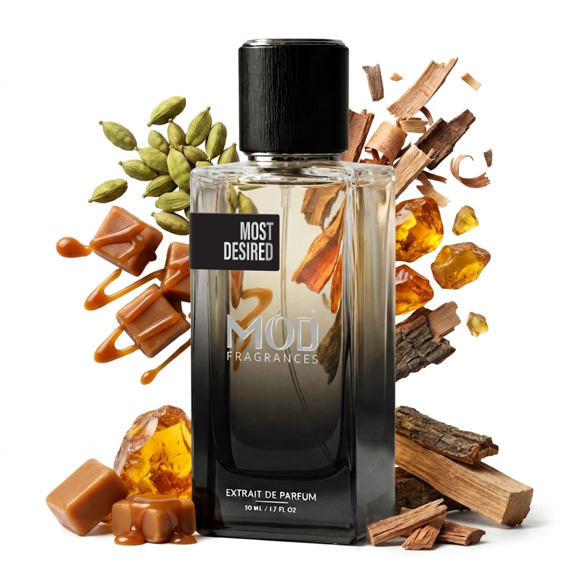 A glass perfume bottle by MOD Fragrances, labeled “Most Desired” is surrounded by a vibrant artistic arrangement of its fragrance ingredients, including cardamom, toffee, amber and woody accords, against a white background.