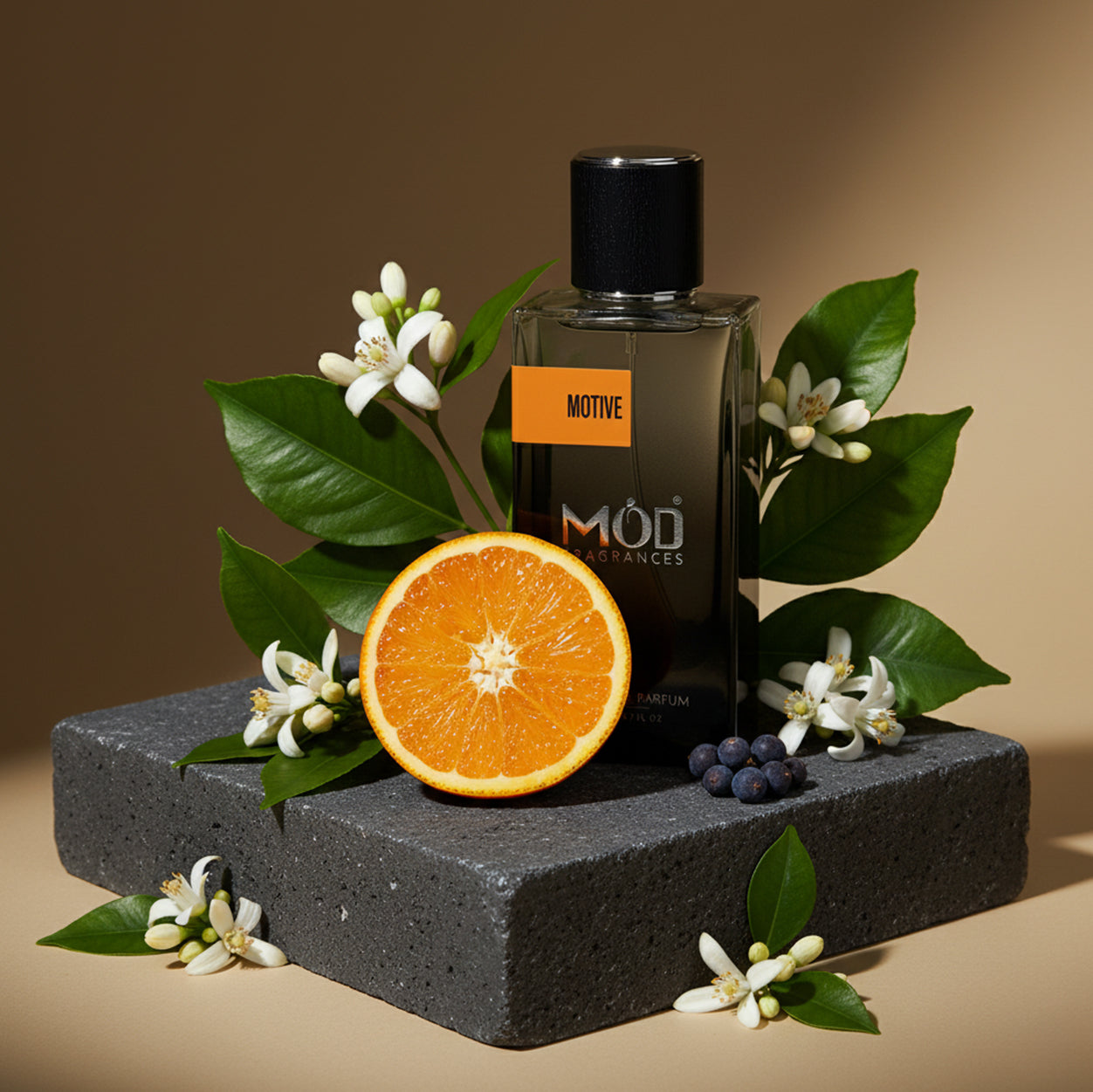 Perfume bottle with orange and flowers on a brown background