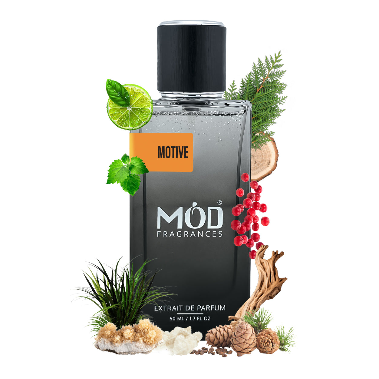 Inspired by Eau Des Sens Perfume bottle with natural elements and 'Motive' branding on a white background