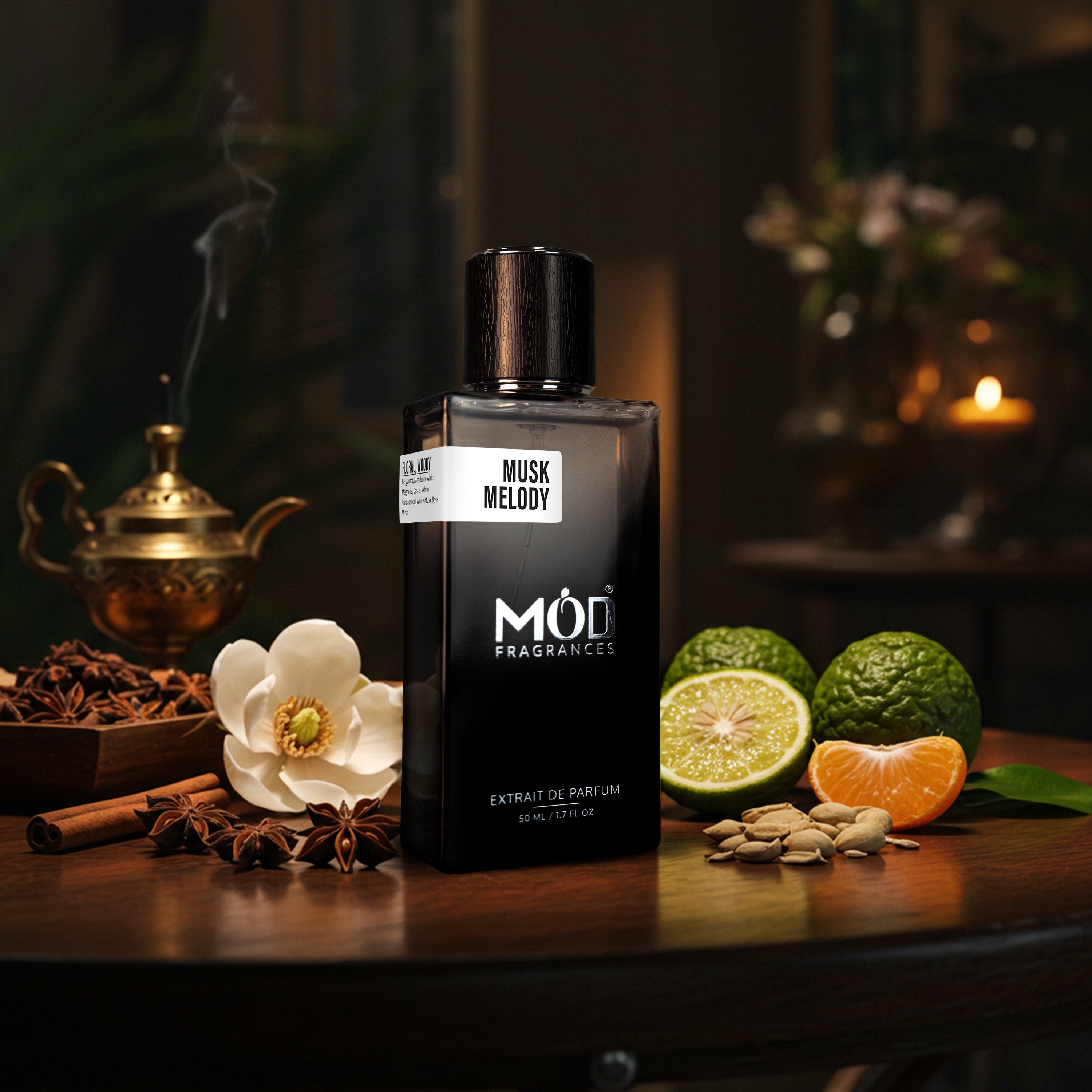 Musk Therapy Dupe Musk Melody perfume bottle with floral, citrus, and spice elements on a wooden surface.
