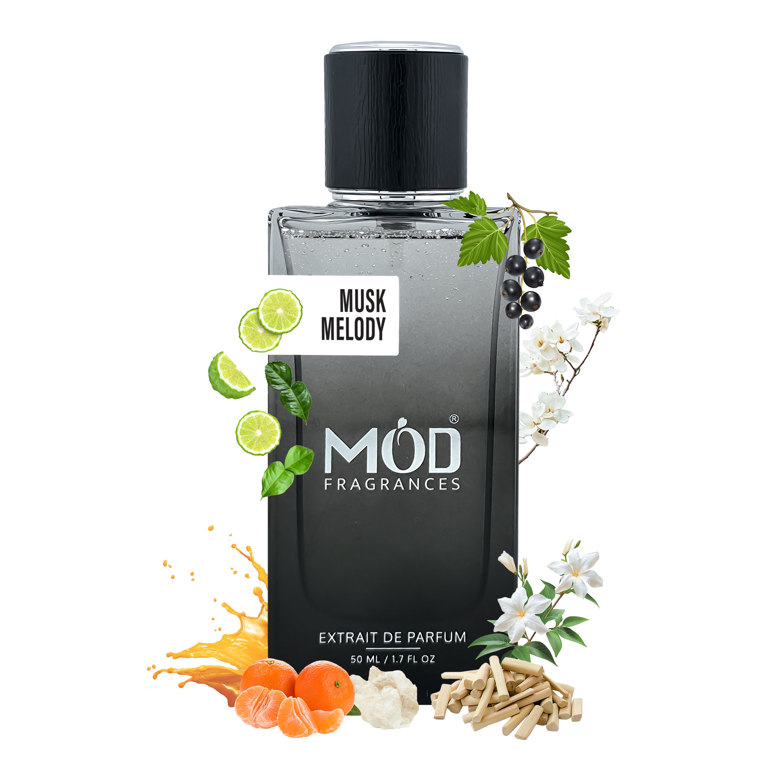 Musk Therapy Dupe Musk Melody perfume bottle by MOD Fragrances with floral and fruit elements on a white background