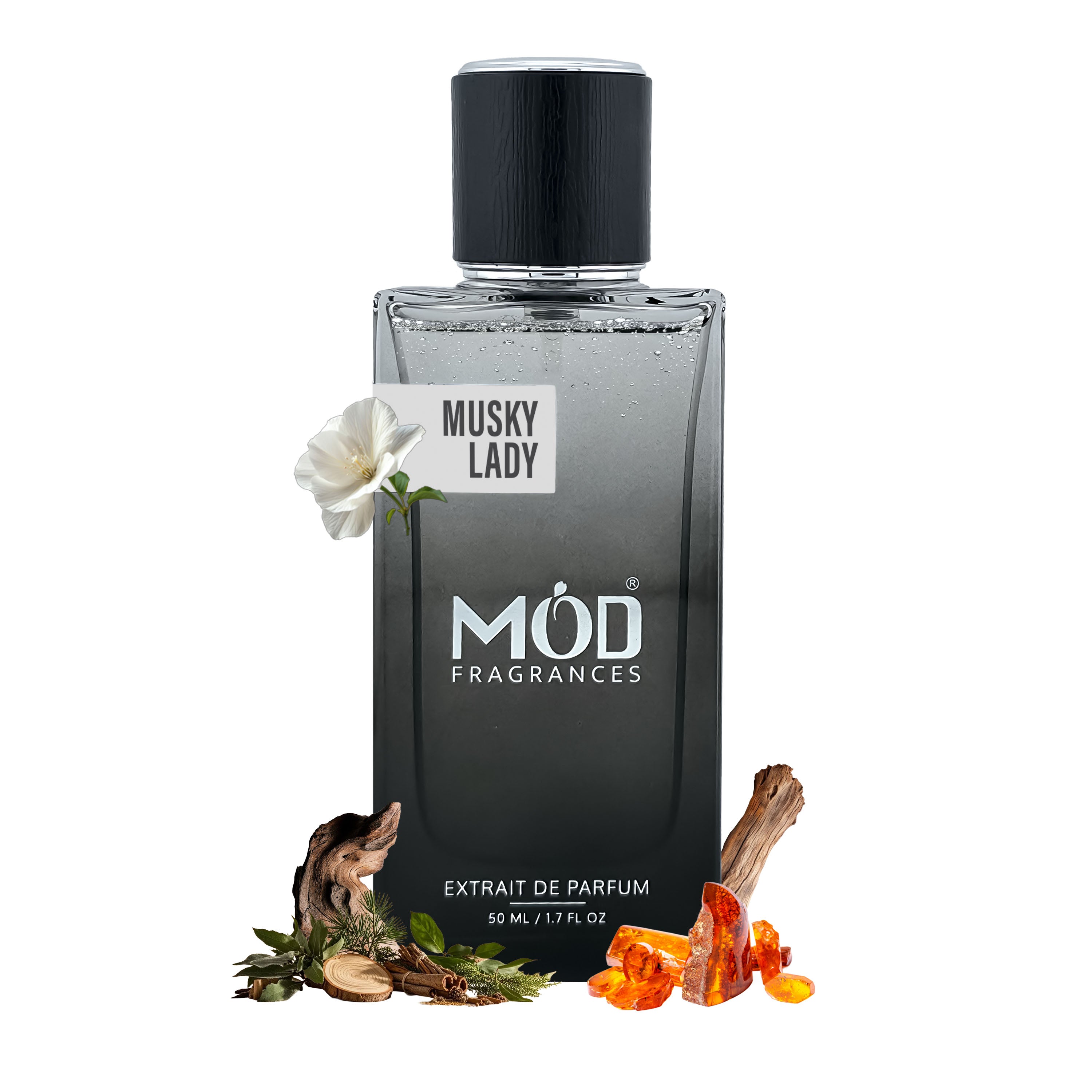 Perfume bottle labeled 'Musky Lady' by Möd Fragrances on a white background