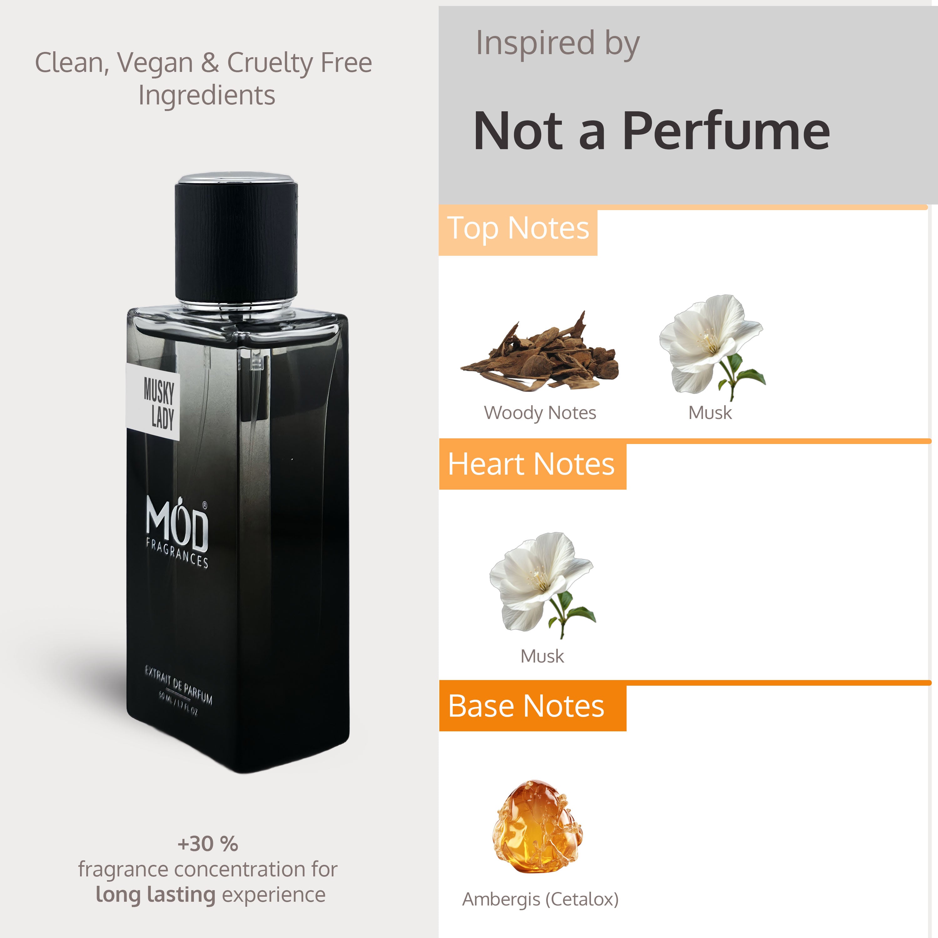 Black perfume bottle with product details on a white background