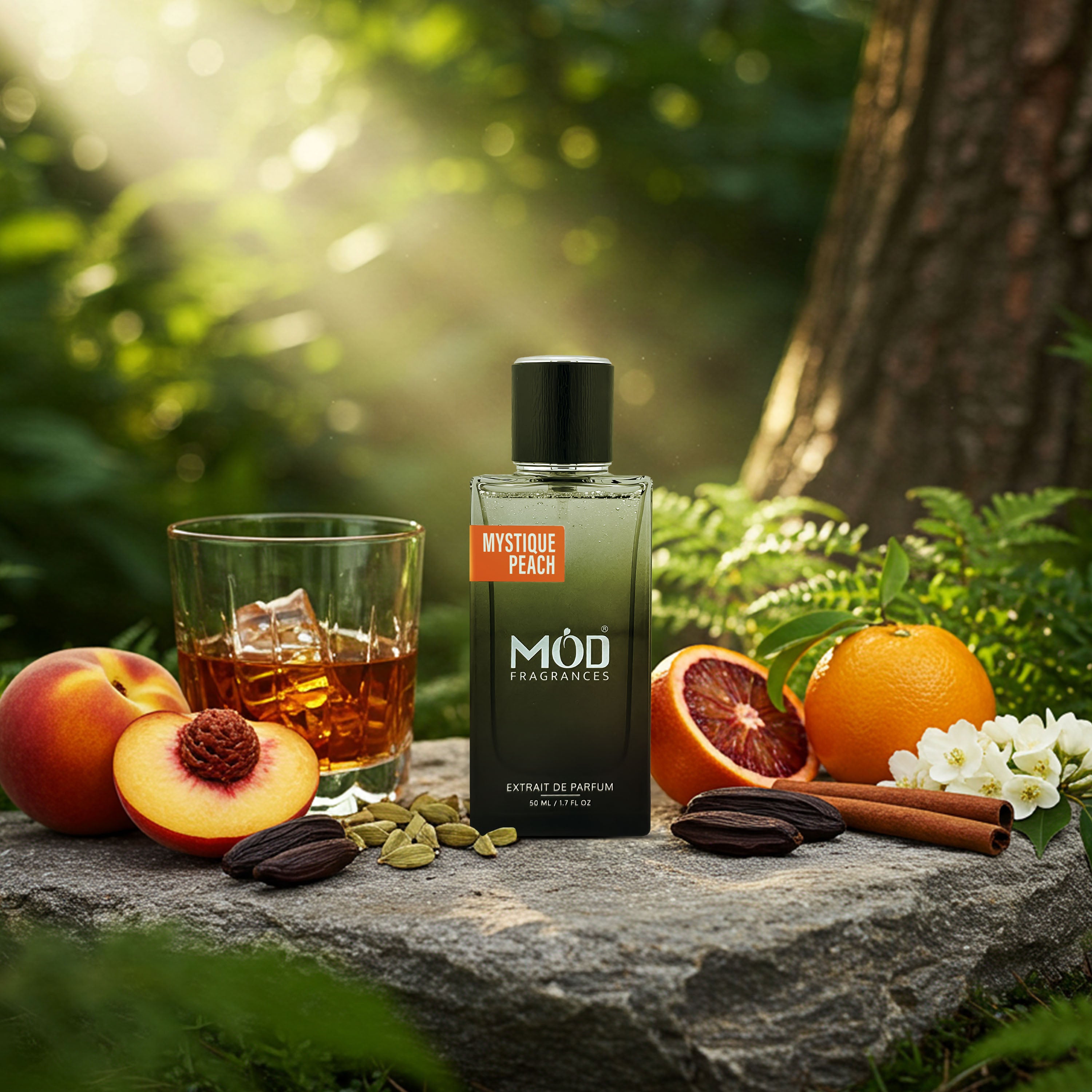 Méstique Peach perfume bottle with fruits and a glass of whiskey on a stone surface outdoors.