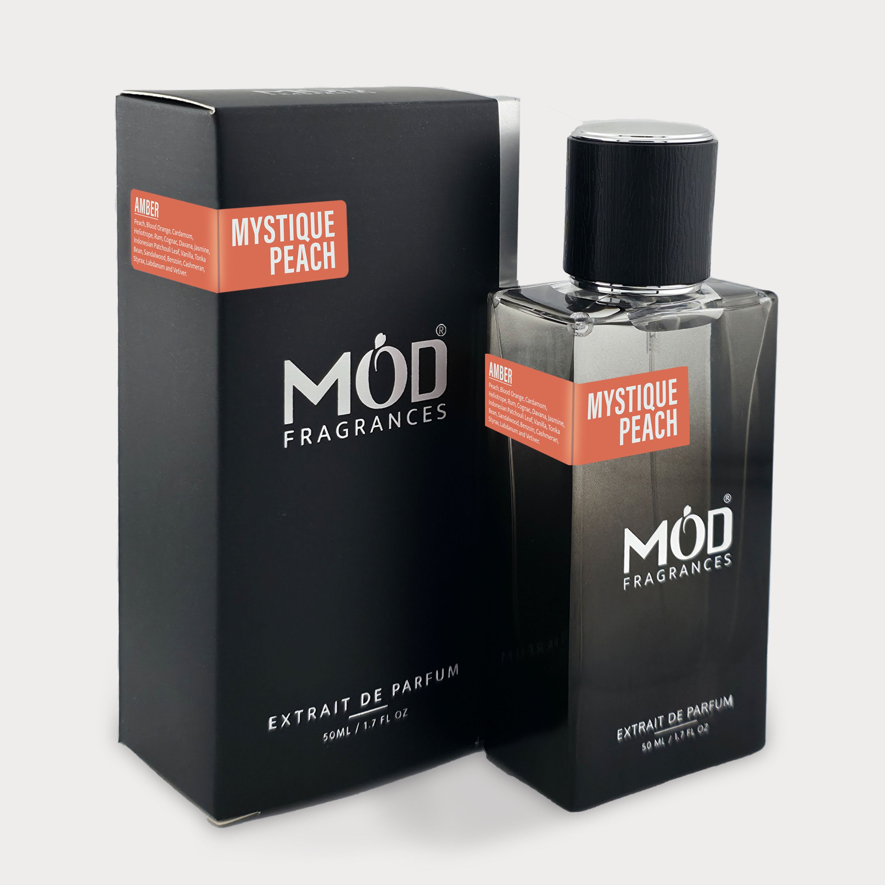 Inspired by Bitter Peach Möd Fragrances Mystique Peach perfume bottle and packaging on a white background