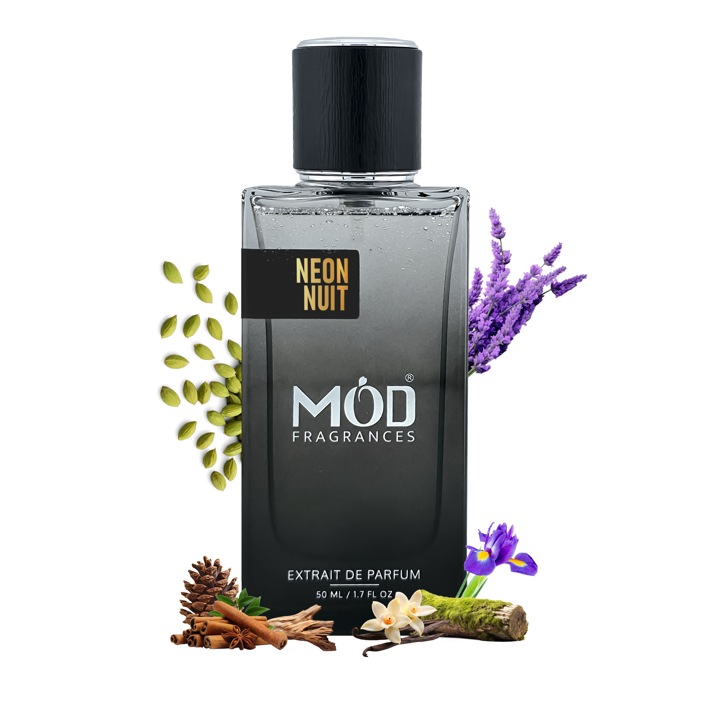 JPG Le Male Le Inspired Perfume Dupe by Mod Fragrances Neon Nuit Perfume Bottle by Mod Fragrances Surrounded by Lavender and other floral spicy elements