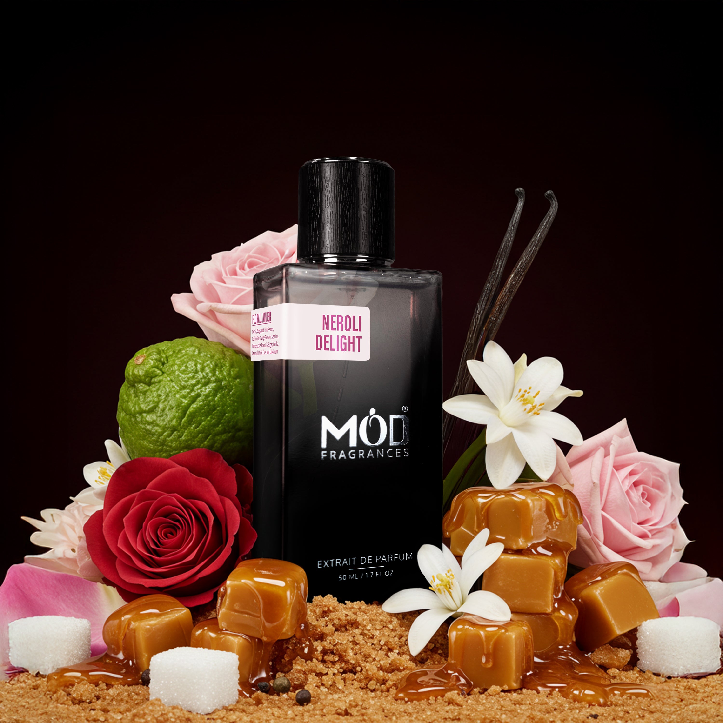 Möd Fragrances Neroli Delight perfume bottle surrounded by flowers and caramel on a dark background
