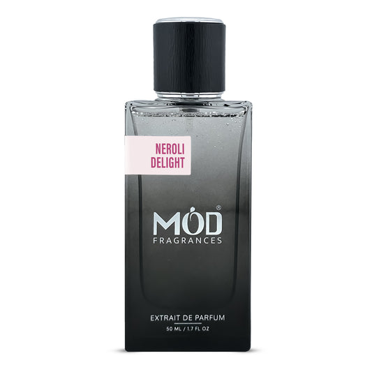 Love dont be shy inspired Black perfume bottle labeled 'Neroli Delight' by Möd Fragrances on a white background