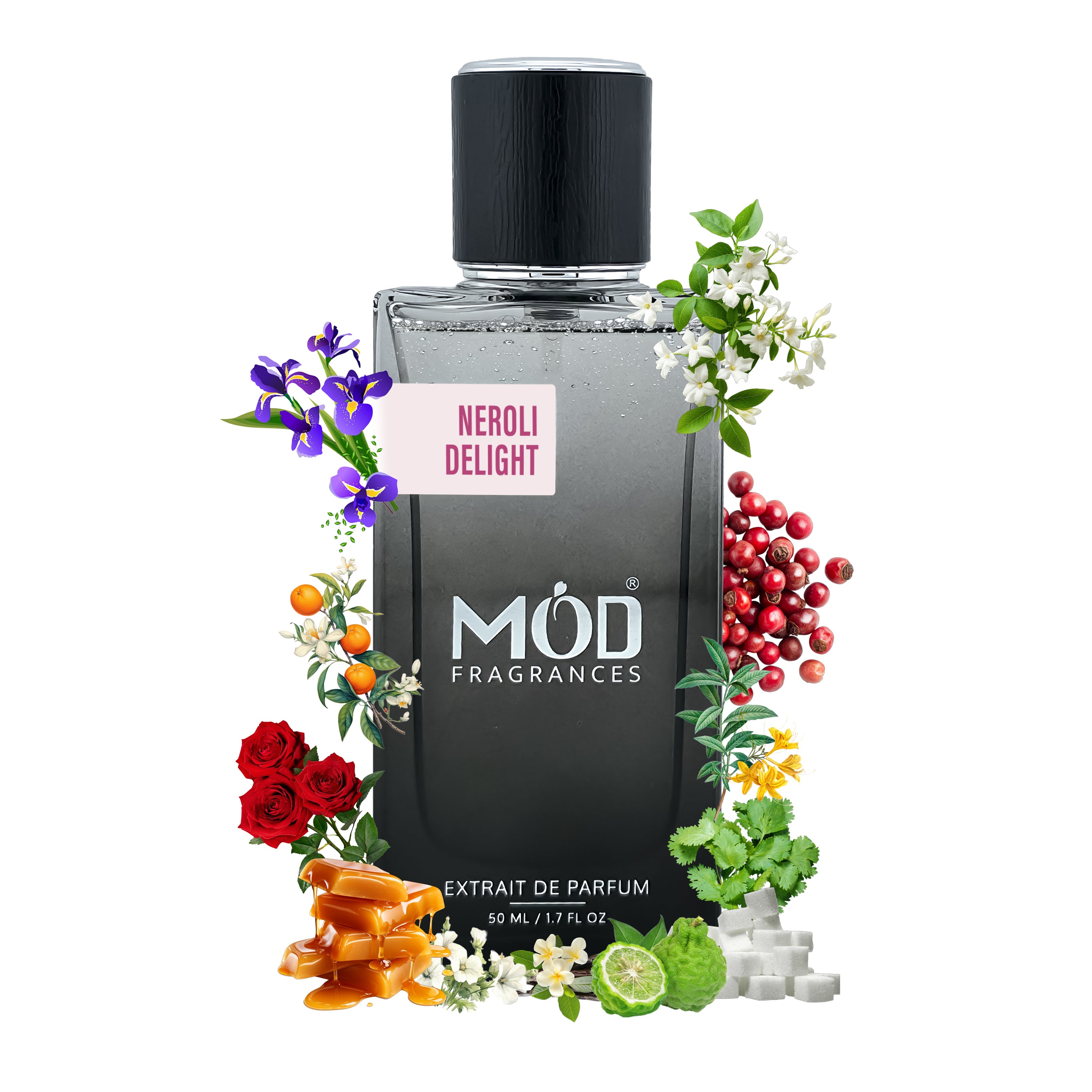 Möd Fragrances Neroli Delight perfume bottle with floral and fruit decorations on a white background