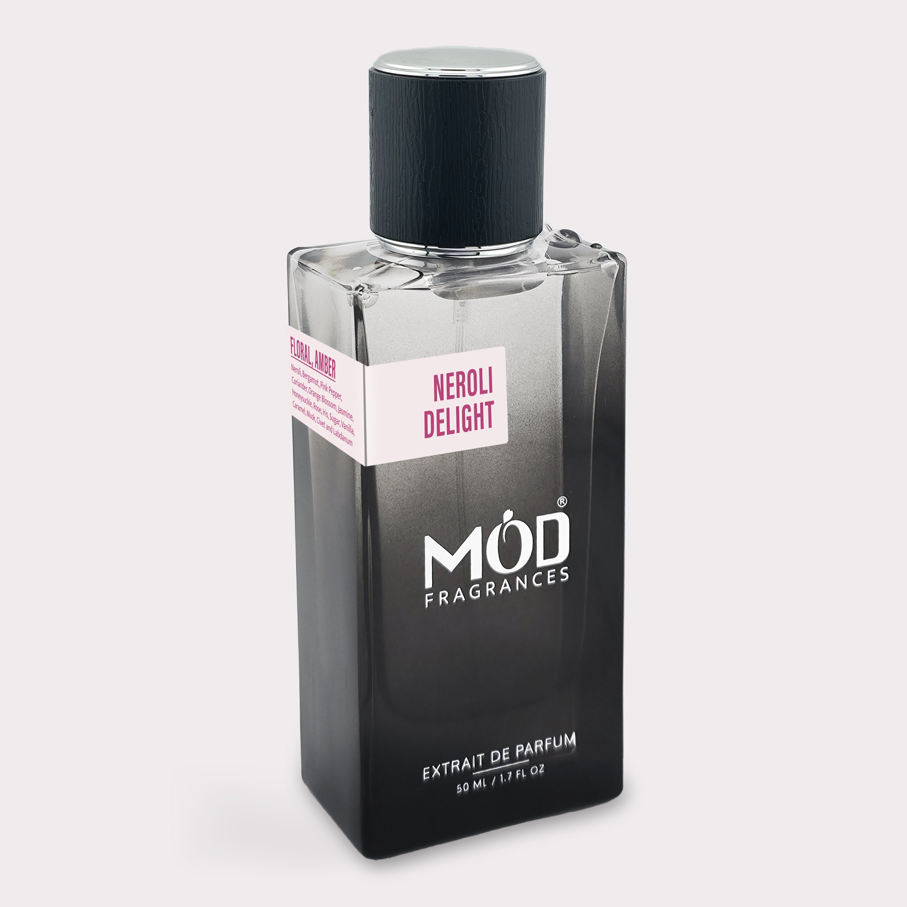 Perfume bottle labeled 'Neroli Delight' by MOD Fragrances on a light gray background