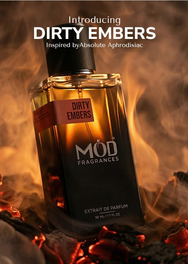 Absolute Aphrodisiac Perfume Dupe Möd Fragrances Dirty Embers perfume bottle with flames in the background
