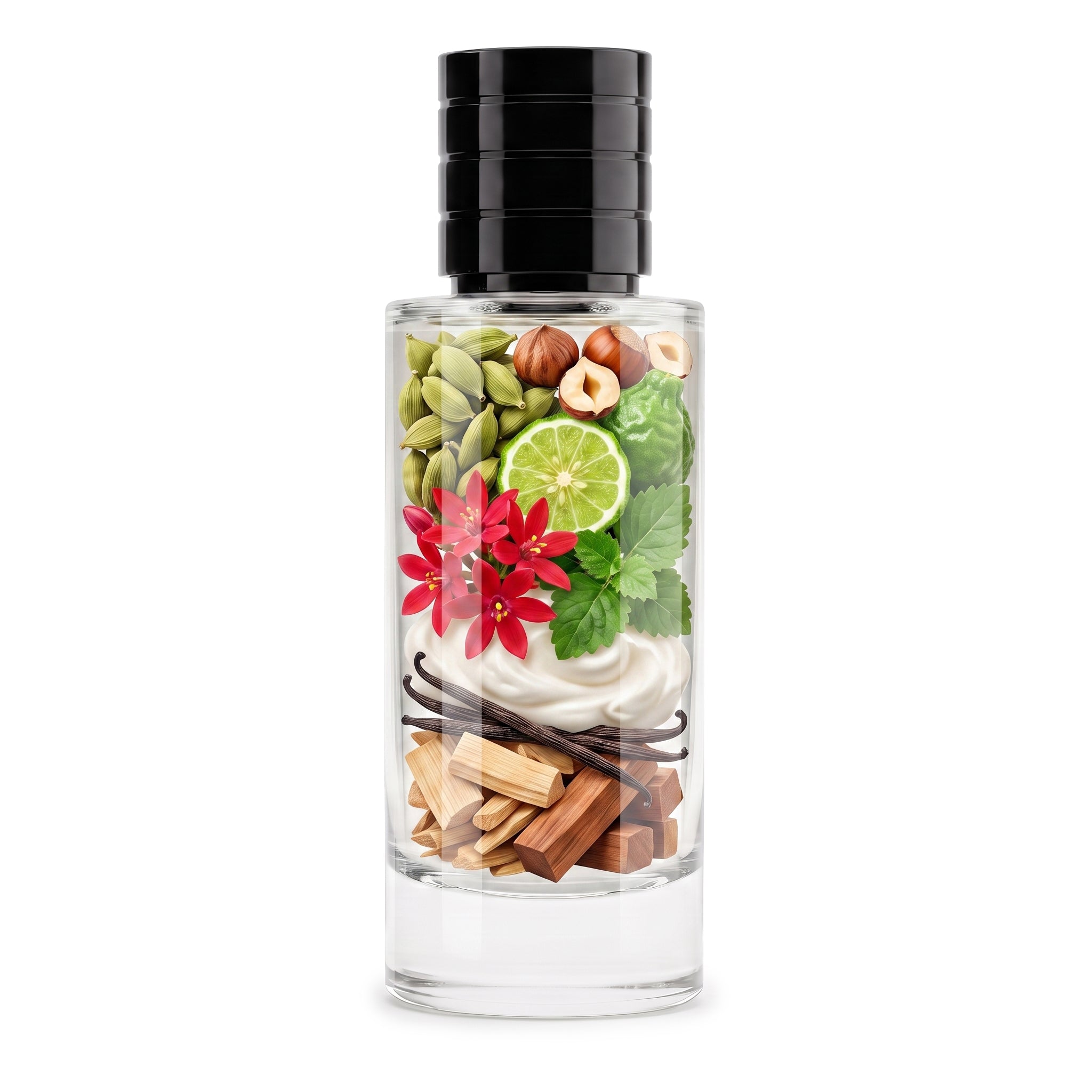 A clear glass perfume bottle with a black cap, filled with layered natural ingredients including green seeds, a lime slice, a red flower, mint leaves, vanilla beans, and wood chips, on a white background.