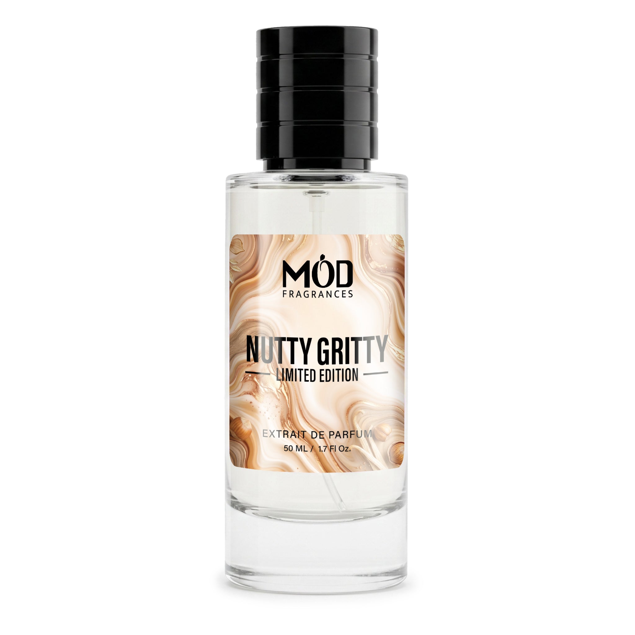 A 50 ml clear glass bottle of MOD FRAGRANCES 'Nutty Gritty' Limited Edition perfume, featuring a black ribbed cap and a label with a beige and brown marbled pattern, set against a plain white background.