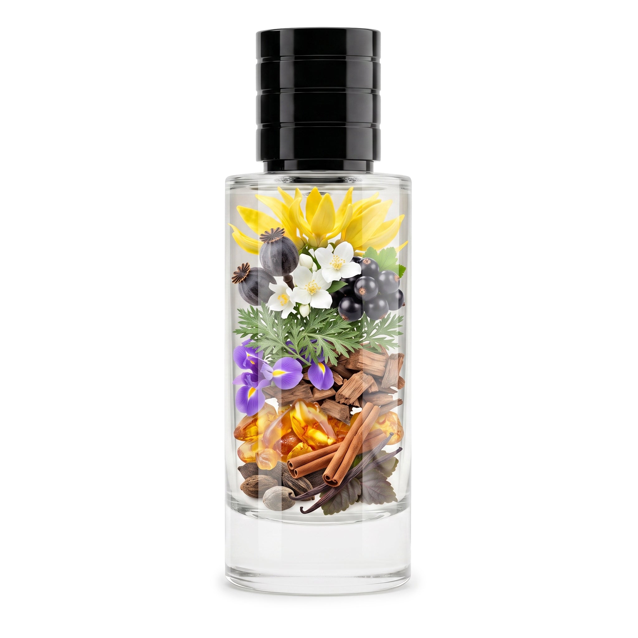 A clear glass reed diffuser bottle with a black cap, filled with natural ingredients including yellow and white flowers, purple blossoms, green leaves, cinnamon sticks, and amber pieces, shown on a white background.
