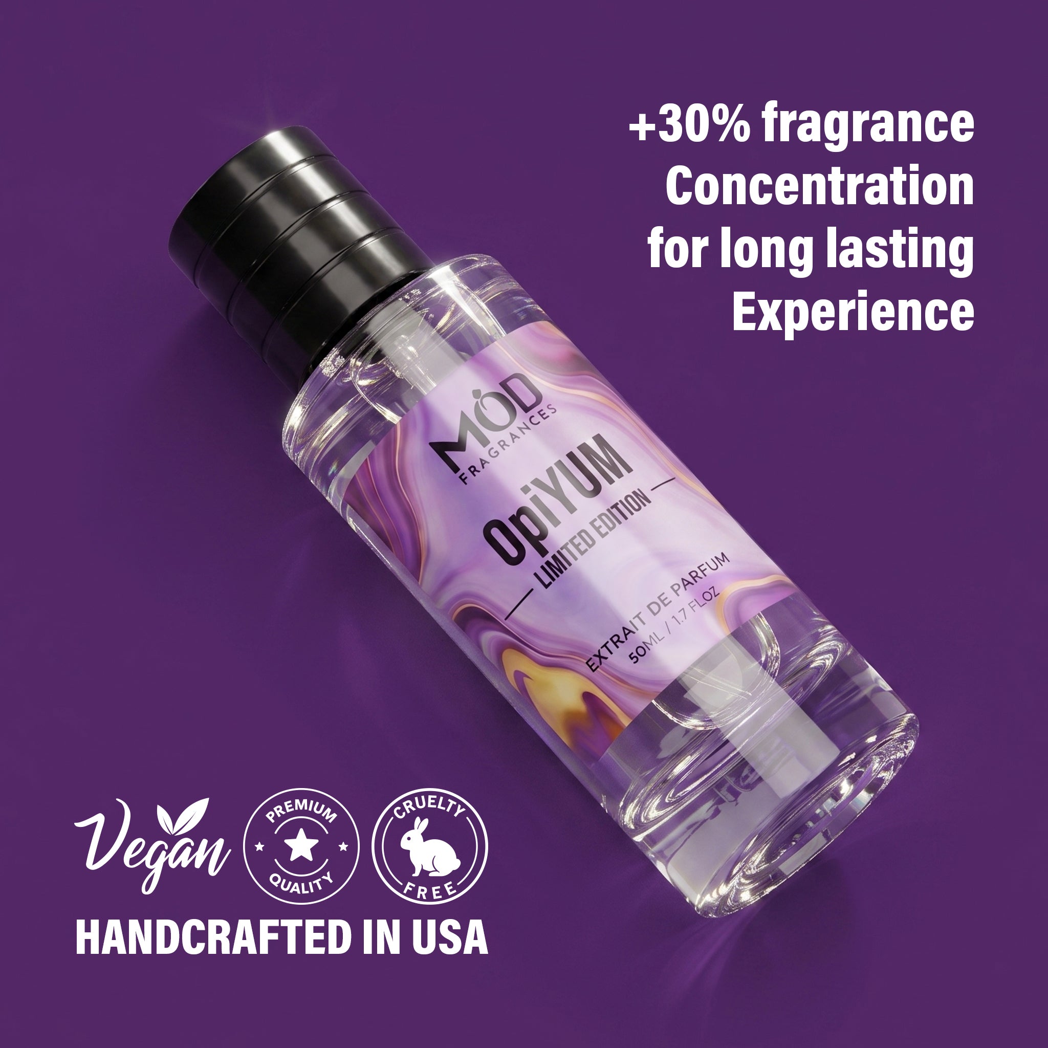 A clear cylindrical perfume bottle with a black cap and a purple label reading 'MOD Fragrances Opium Limited Edition' on a solid purple background. White text on the image says '+30% fragrance Concentration for long lasting Experience' and there are 'Vegan Handcrafted in USA' badges at the bottom left.