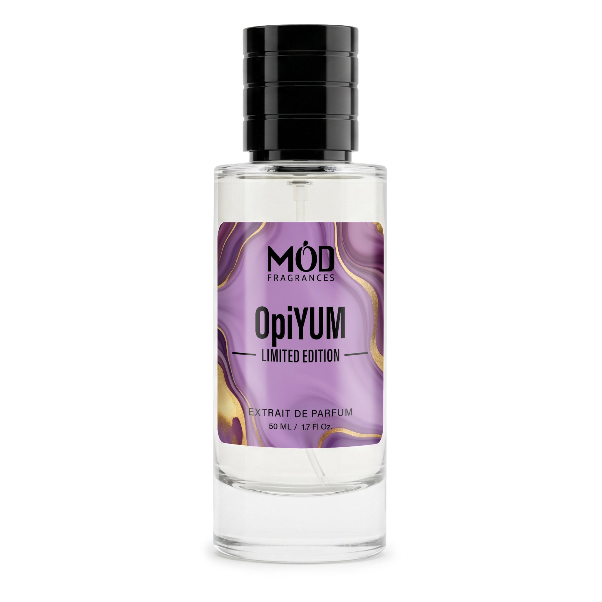 A 50 ml clear glass bottle of MOD Fragrances OpiYUM Limited Edition perfume with a black cap and a purple and gold marbled label, shown on a white background.