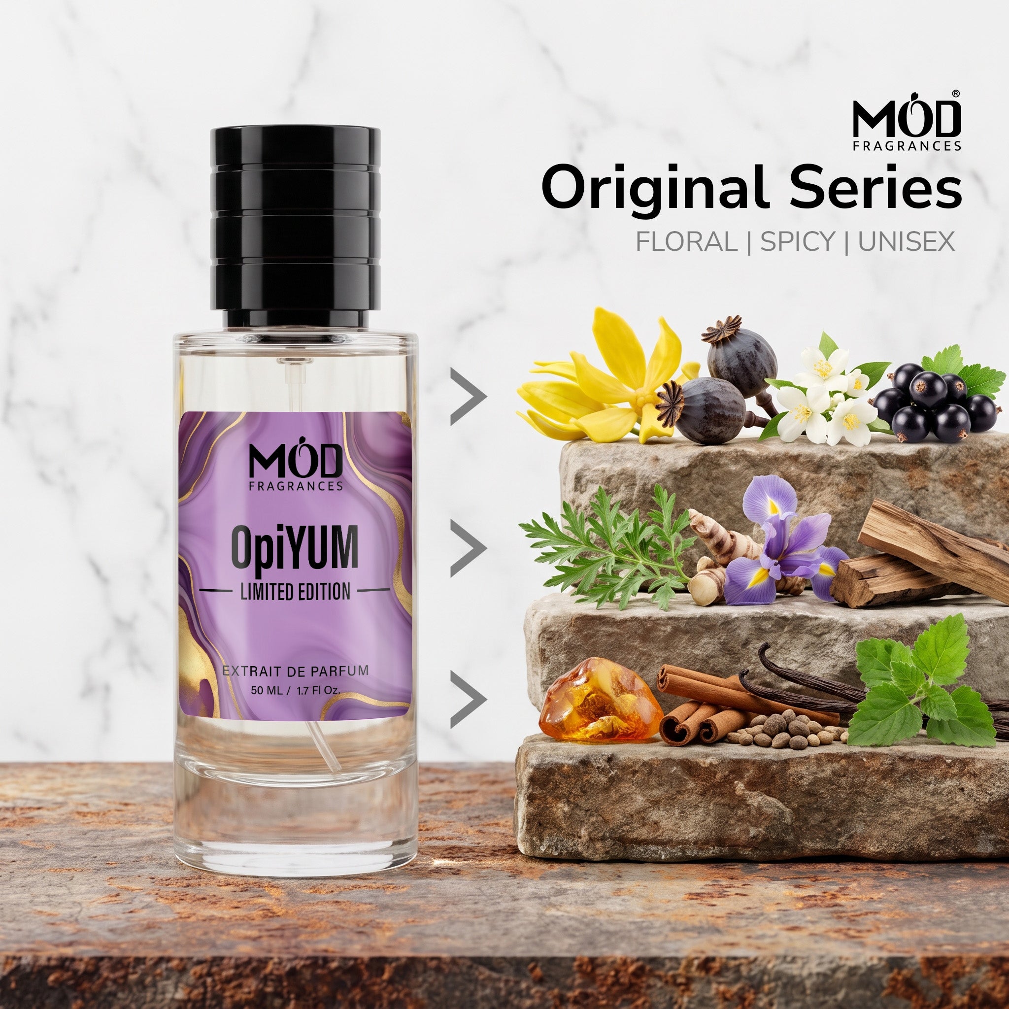 A bottle of OpIYUM Limited Edition Extrait de Parfum by MOD Fragrances stands on a rustic wooden surface next to a decorative stone pedestal filled with floral and botanical ingredients. The background is a clean white marble texture with the text 'Original Series FLORAL | FRESH | UNISEX' and the MOD Fragrances logo.