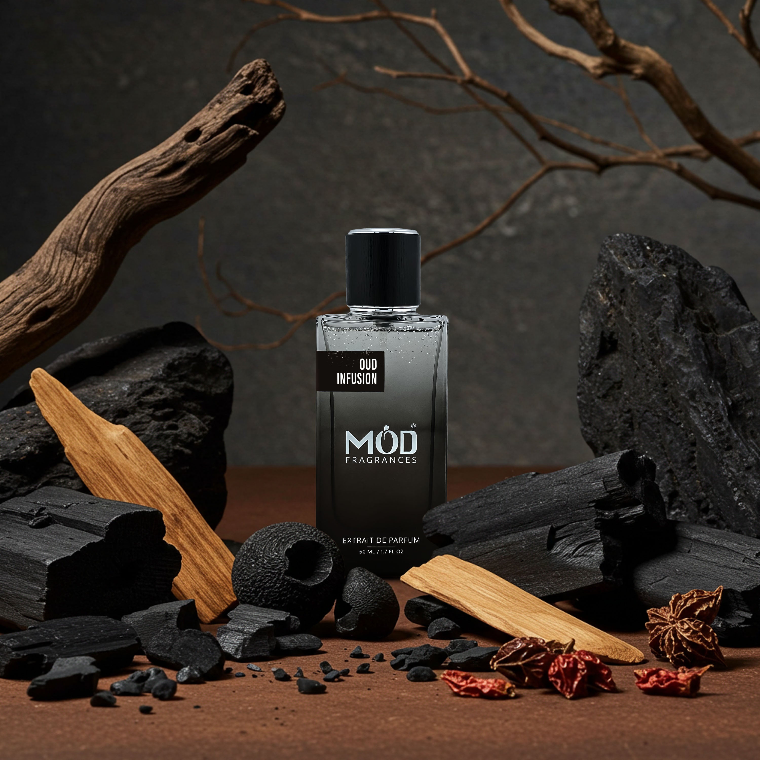 Möd Fragrances Oud Infusion perfume bottle with natural elements on a dark background