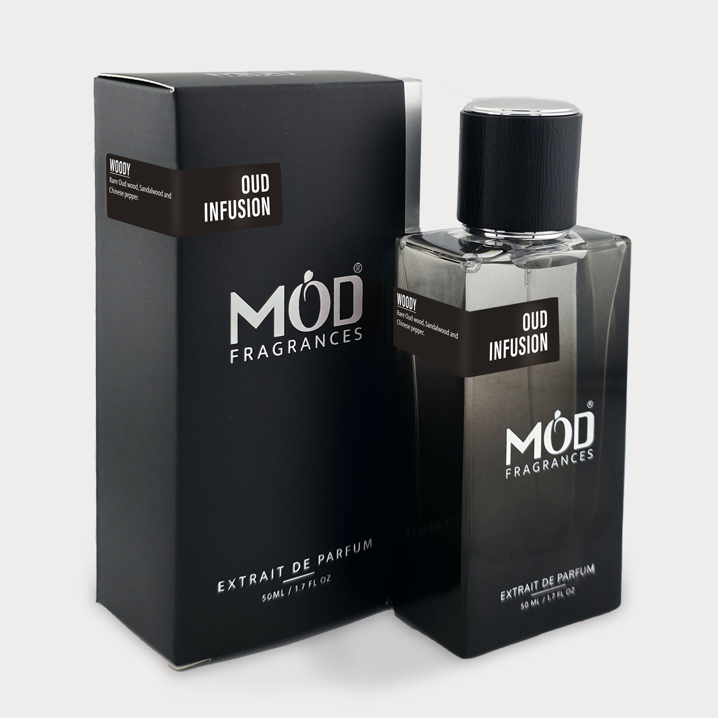 Möd Fragrances Oud Infusion perfume bottle and packaging on a white background