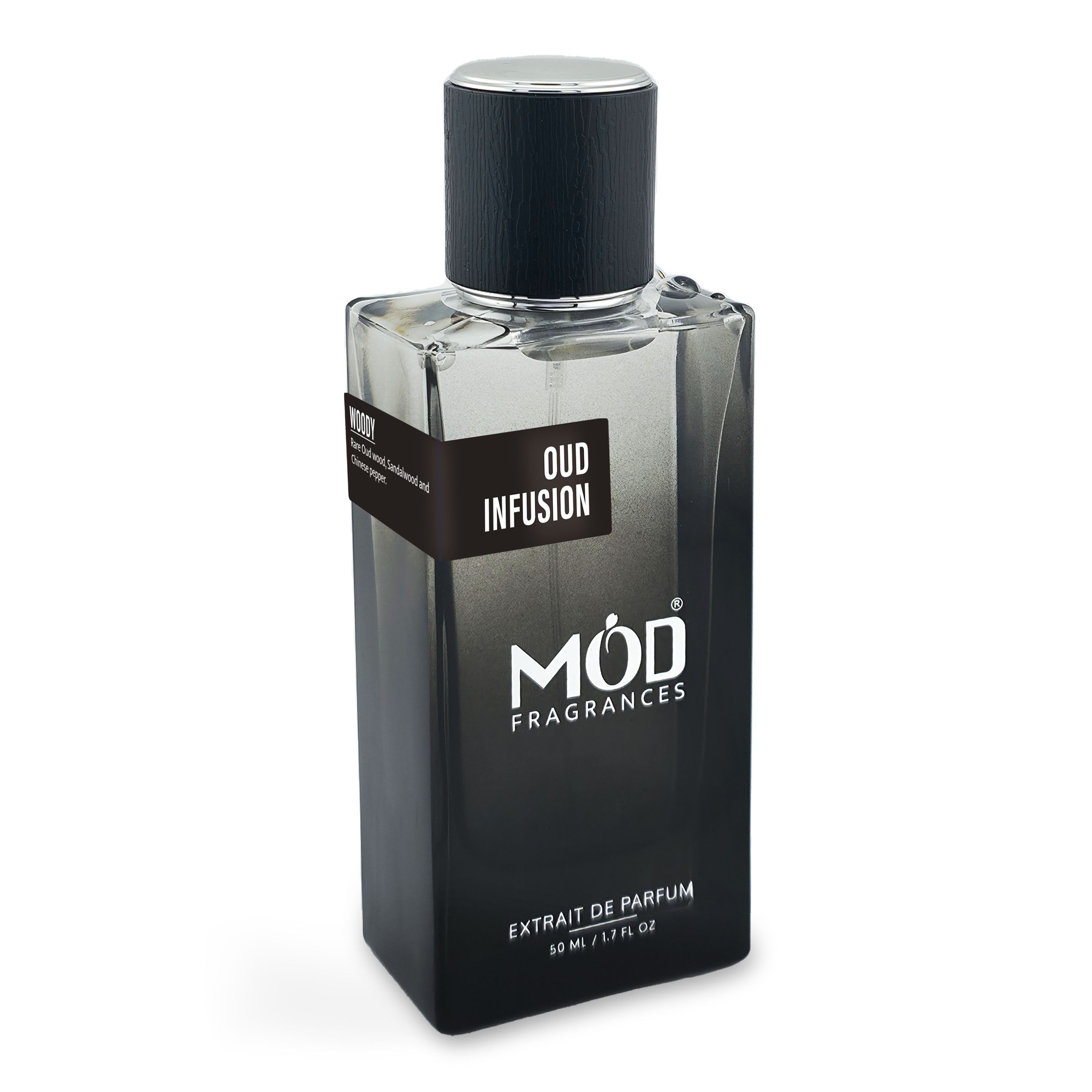 Perfume bottle labeled 'Oud Infusion' by MOD Fragrances on a white background