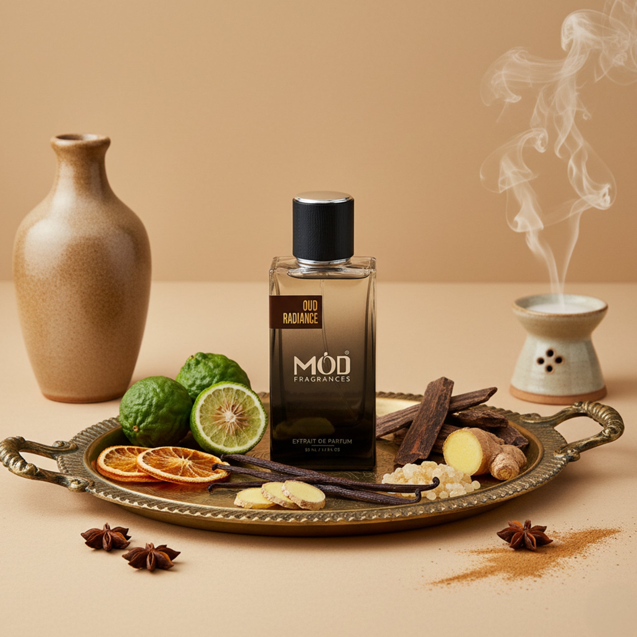 Möd Fragrances bottle on a decorative tray with spices and fruits against a beige background