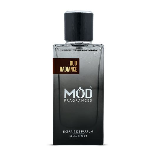 Inspired by Oud For Happiness Perfume bottle labeled 'Oud Radiance' by Möd Fragrances on a white background