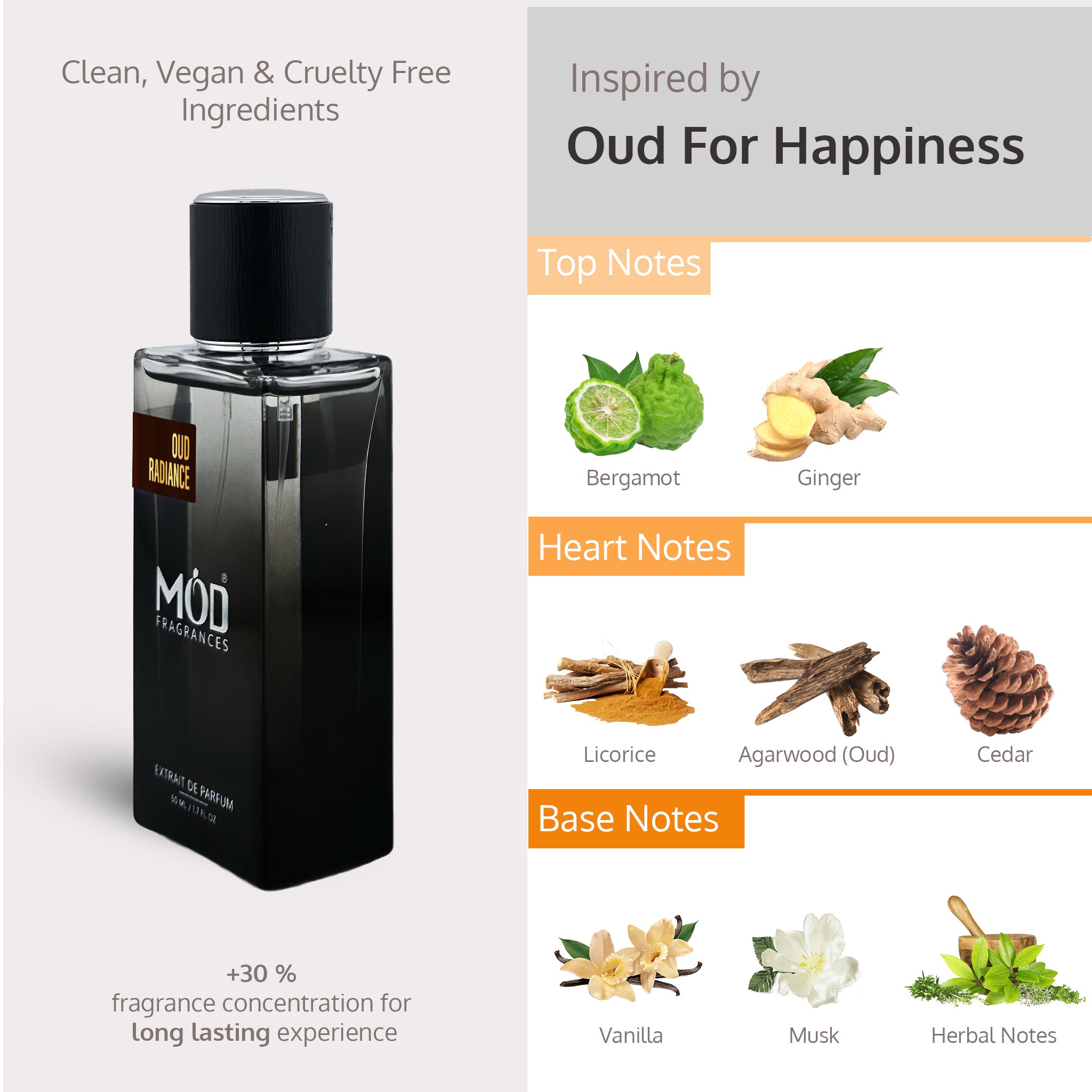 Black perfume bottle with product details on a gray background