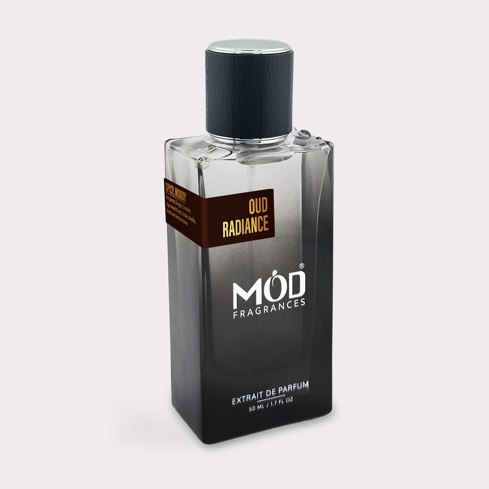 Perfume bottle labeled 'MOD Fragrances' on a light gray background