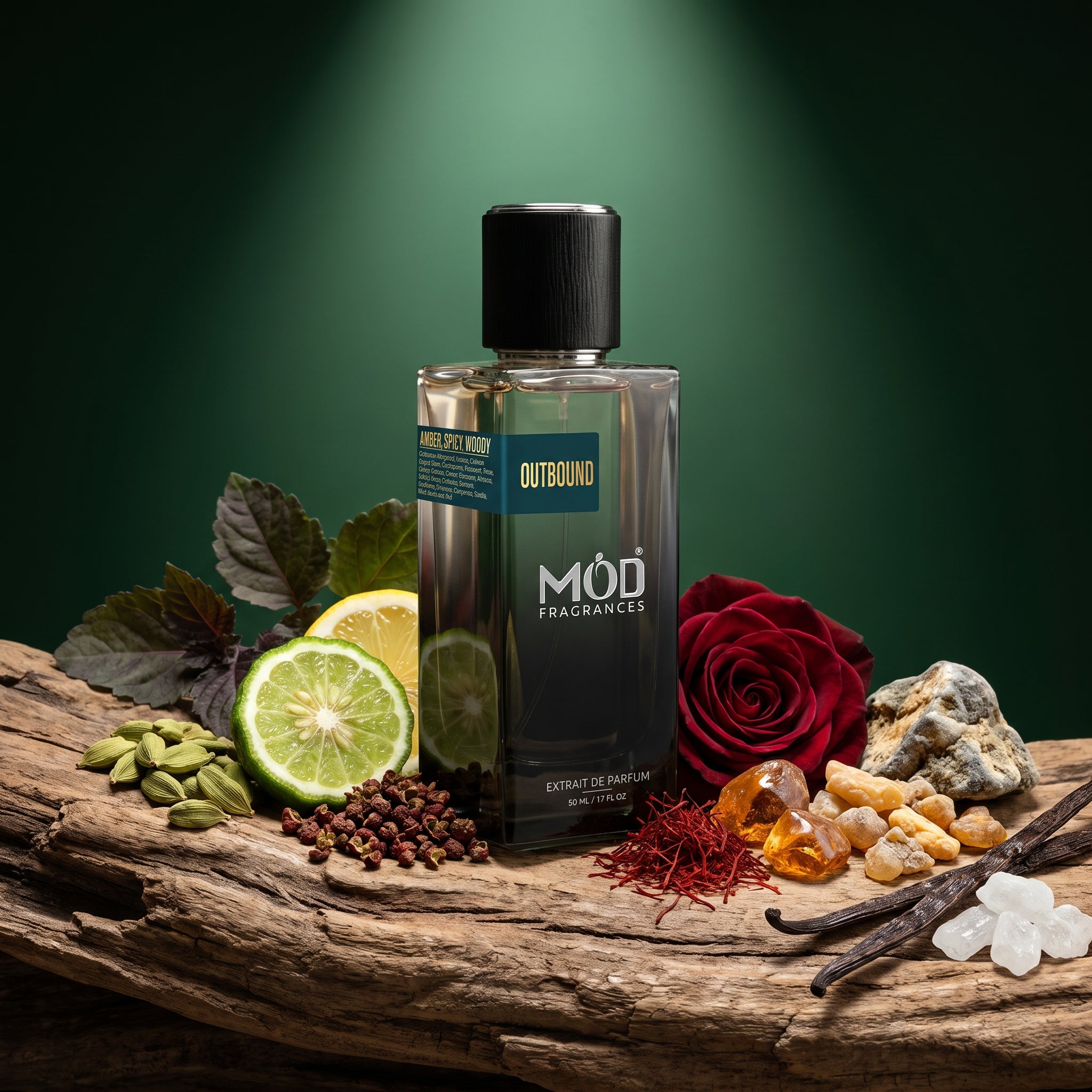 A bottle of MOD Fragrances Outbound Extrait de Parfum stands on a rustic log with botanical and spice props against a dark green background.