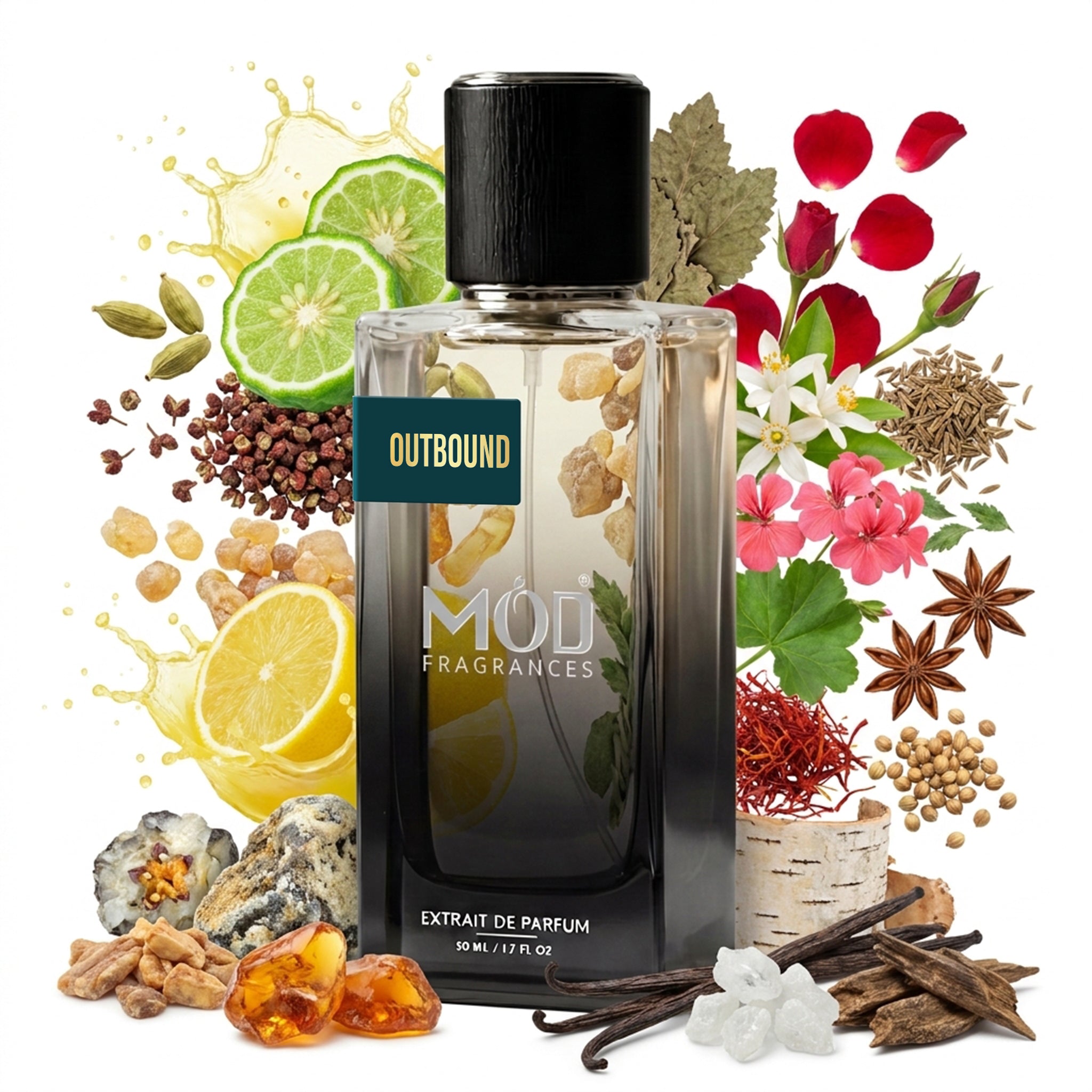 A bottle of Outbound Extrait de Parfum by Mod Fragrances, surrounded by its scent ingredients including limes, lemons, flowers, spices, and vanilla on a white background.