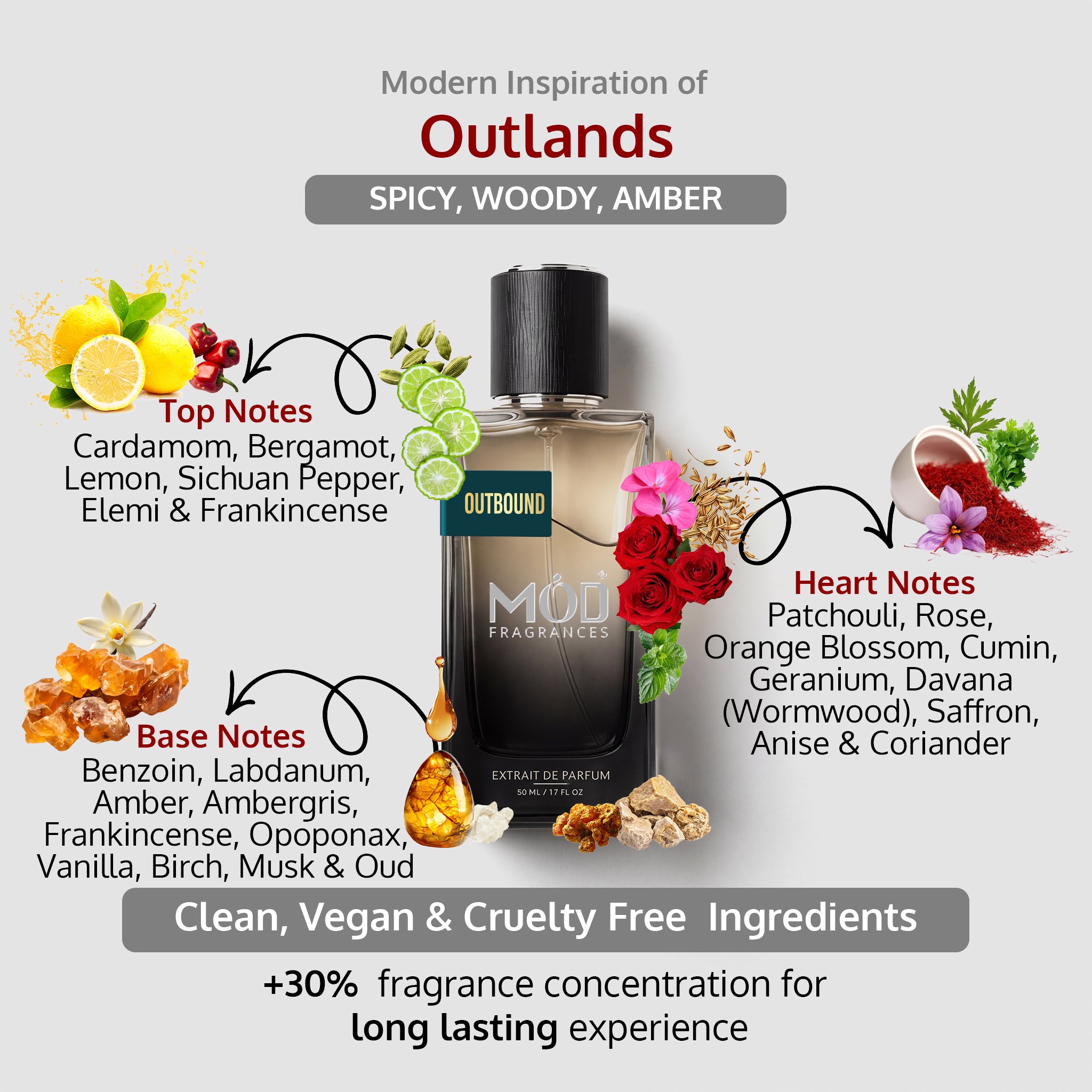 A bottle of Outlands by Mod Fragrances 'Outbound' spicy, woody, and amber perfume, surrounded by graphic callouts of its top notes (cardamom, bergamot, lemon, frankincense), heart notes (rose, cumin, saffron), and base notes (amber, vanilla, musk) with illustrative icons on a light gray background.