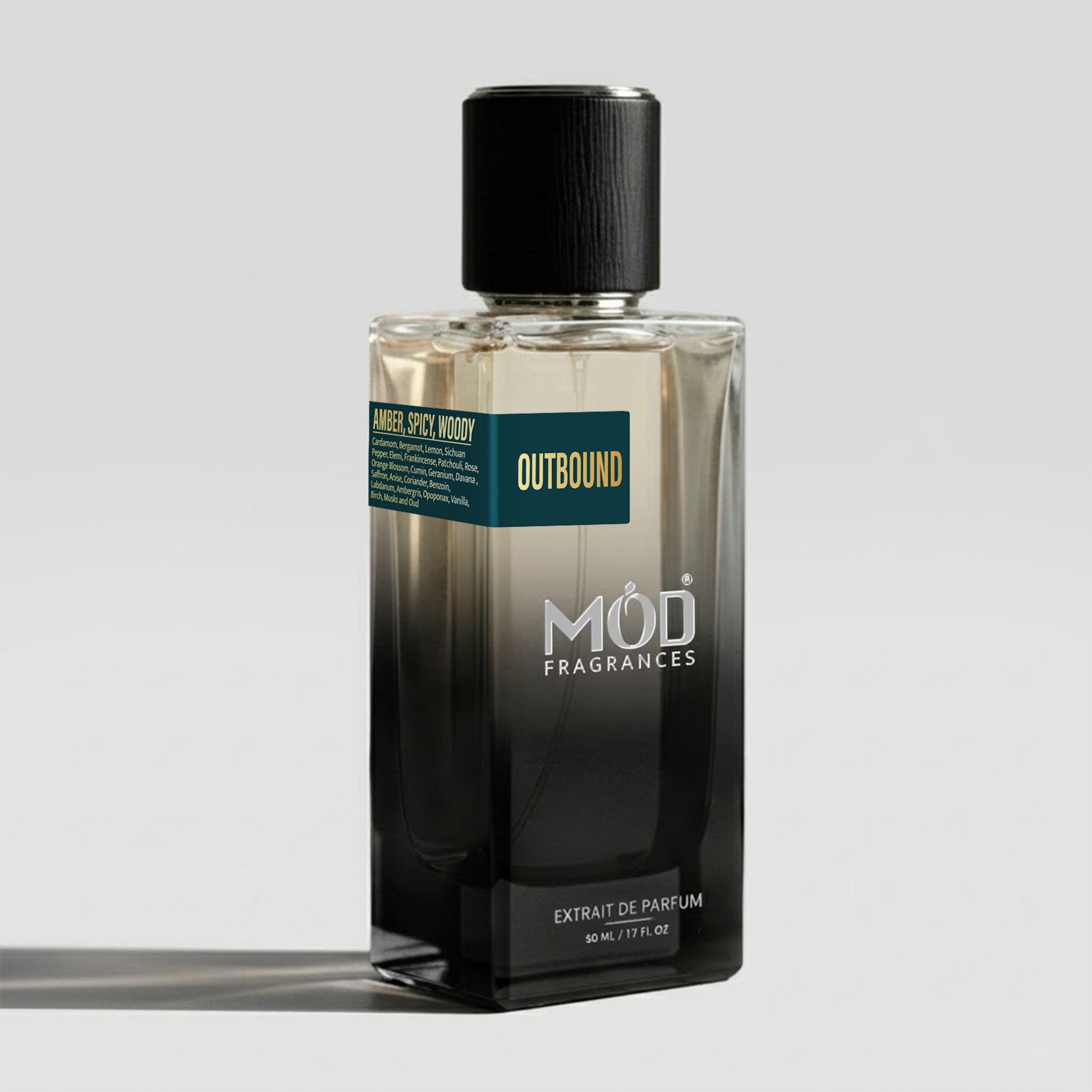 A bottle of MOD Fragrances 'Outbound' Extrait de Parfum, featuring a black-to-clear gradient glass bottle with a black cap, set against a light gray background.