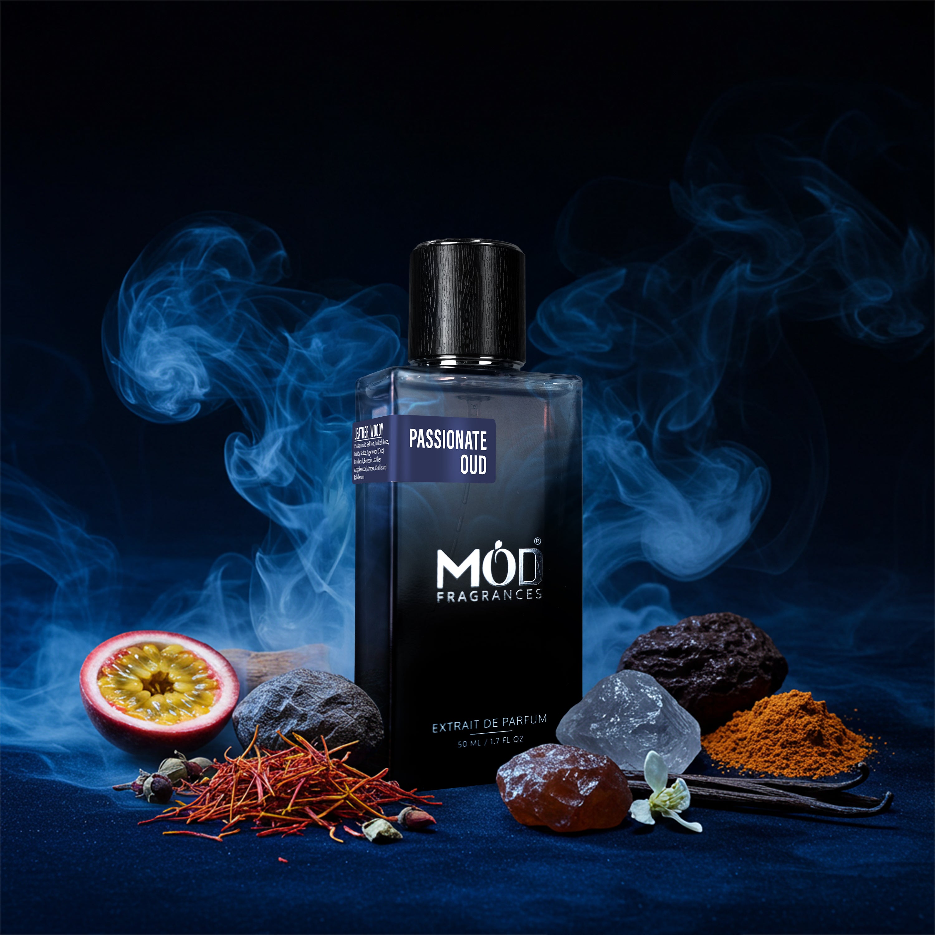 Oud Maracuja Dupe  Perfume bottle labeled 'Passionate Oud' by Möd Fragrances with smoke effects and aromatic elements on a dark background.