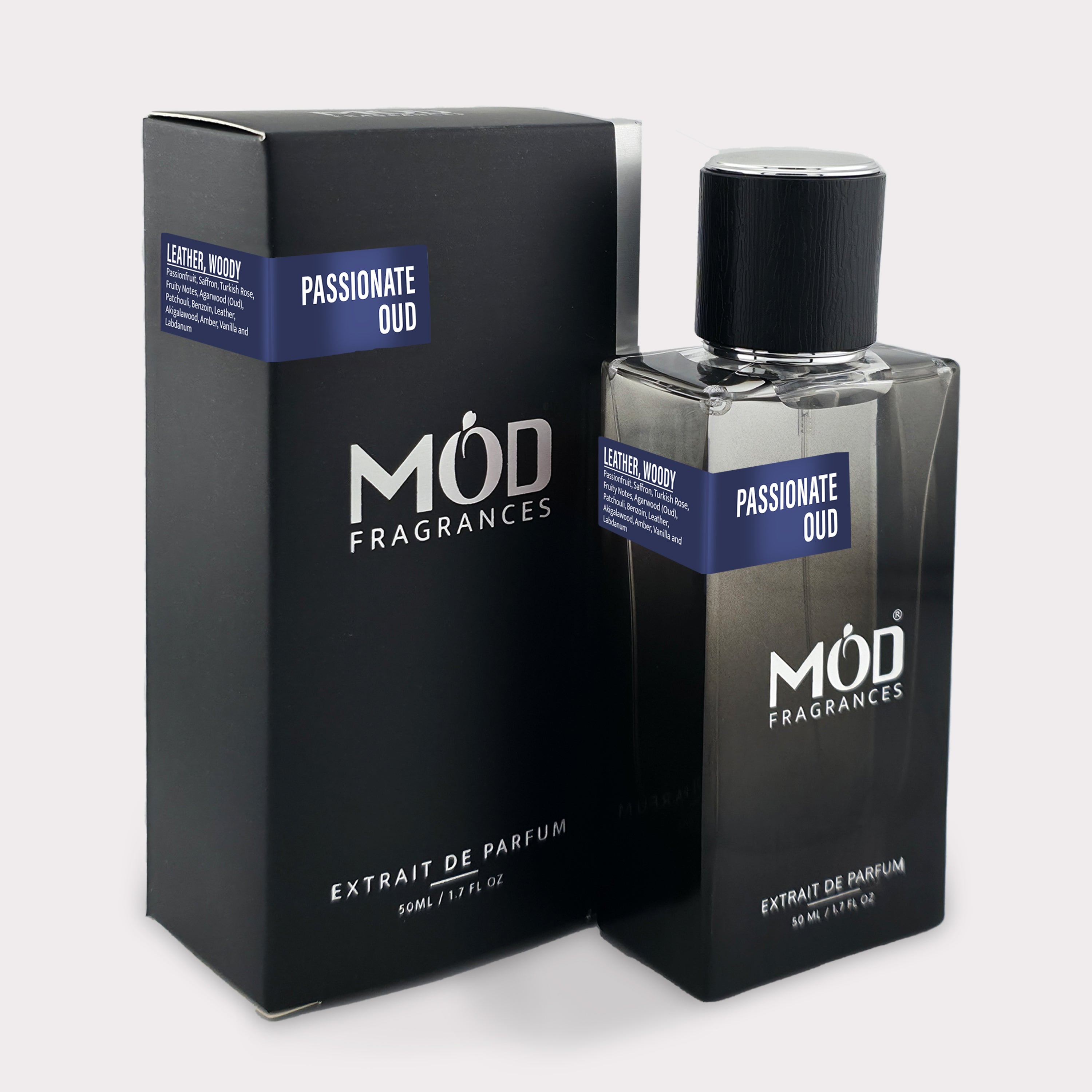 Oud Maracuja Dupe  Möd Fragrances Passionate Oud perfume bottle and packaging on a white background