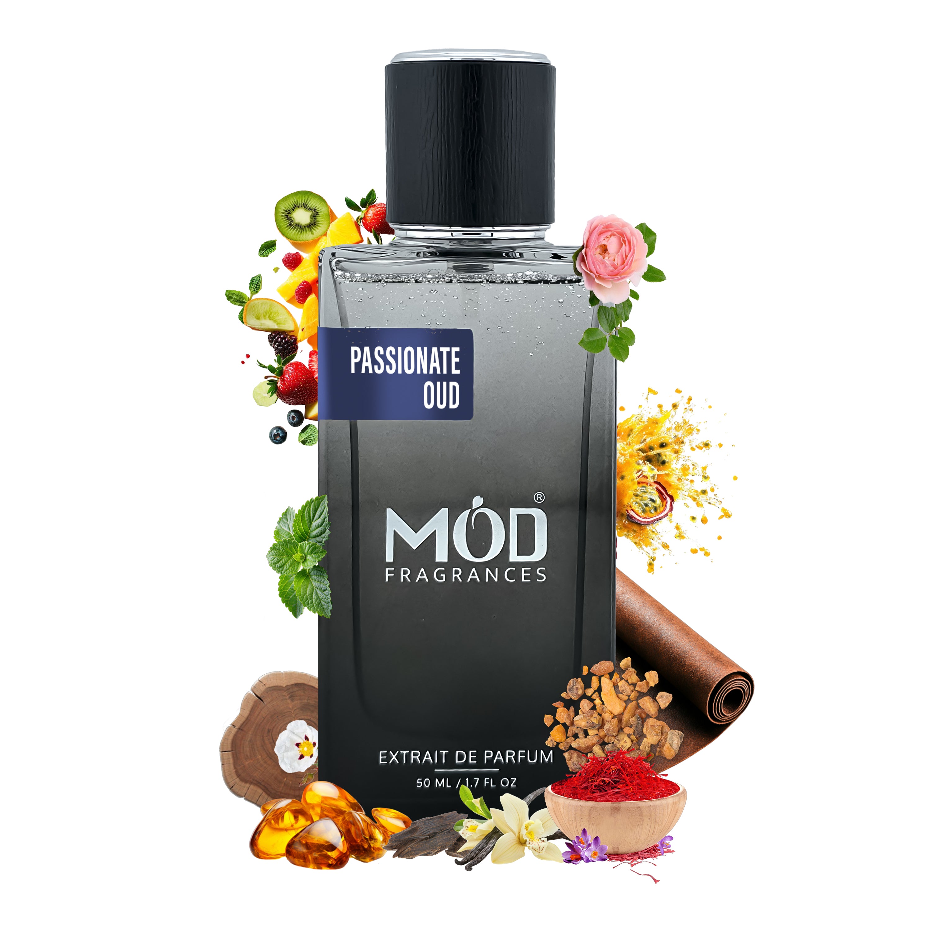 Oud Maracuja Dupe Black perfume bottle labeled 'Passionate Oud' by Möd Fragrances with floral and spice elements on a white background.