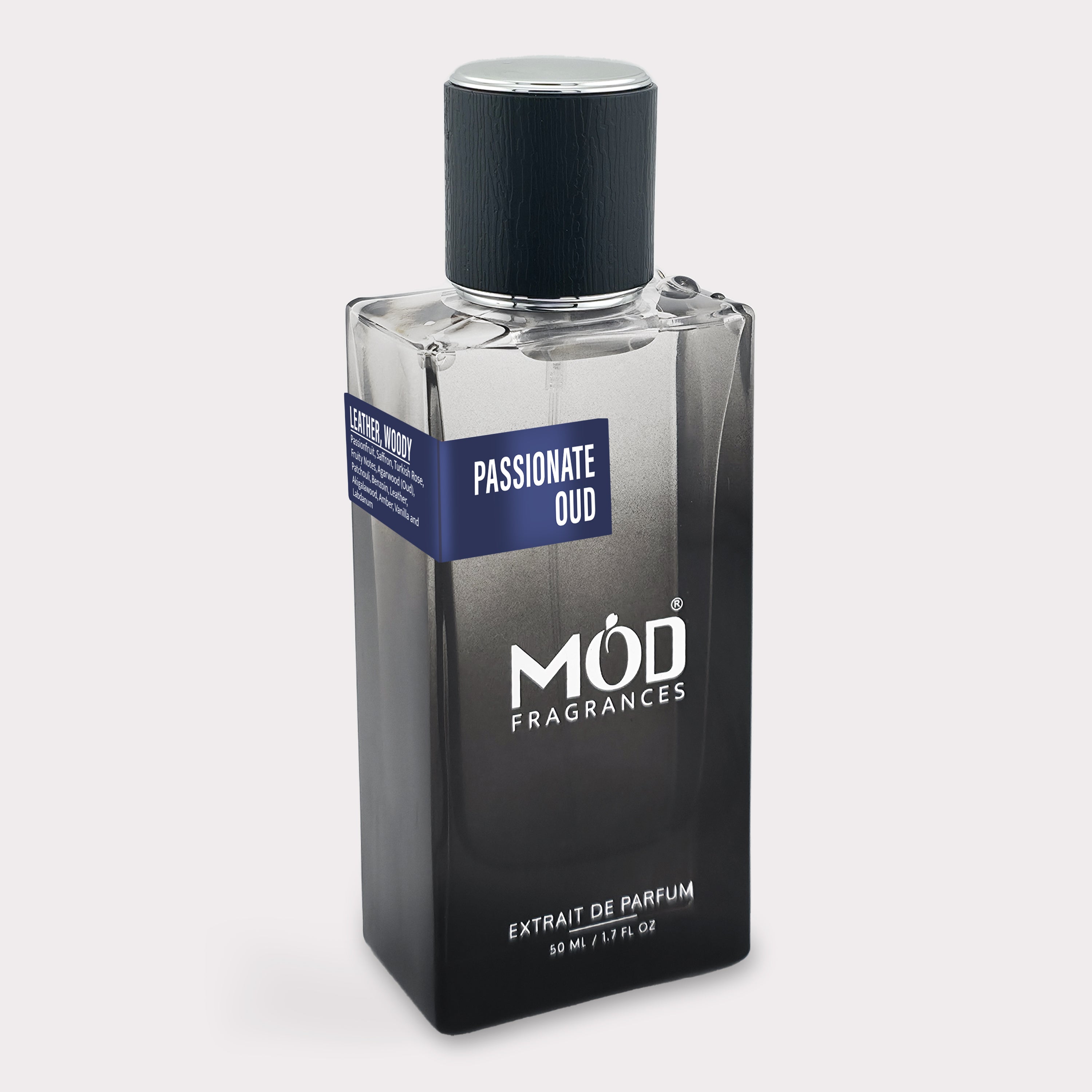 Oud Maracuja Dupe Perfume bottle labeled 'Passionate Oud' by MOD Fragrances on a white background