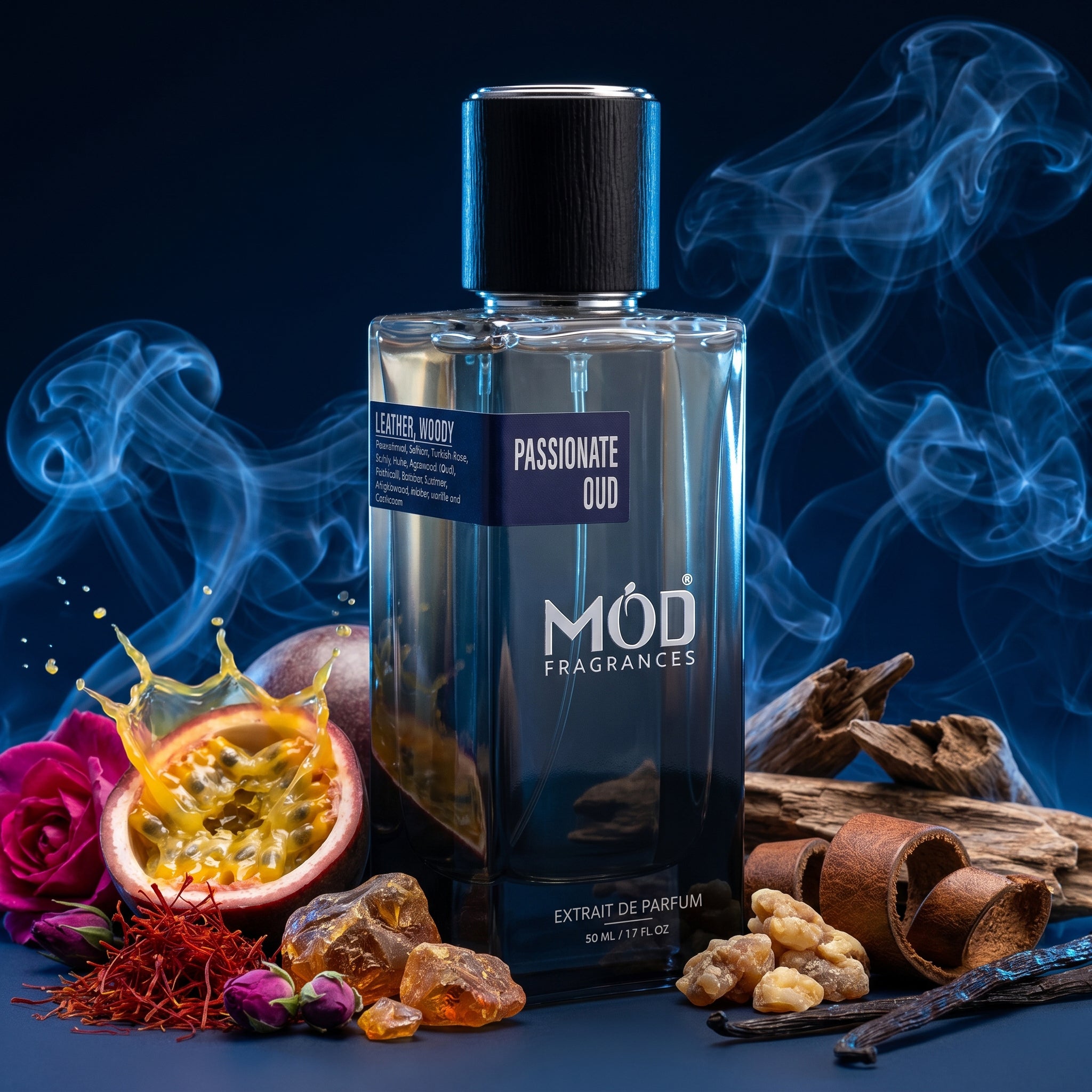 A rectangular glass perfume bottle by MOD Fragrances, labeled "Passionate Oud" is placed on dark blue studio in dim cinematic lighting and surrounded by various ingredients like leather, passion fruit saffron, amber, vanilla, labdanum, and agarwood oud burning smoke.