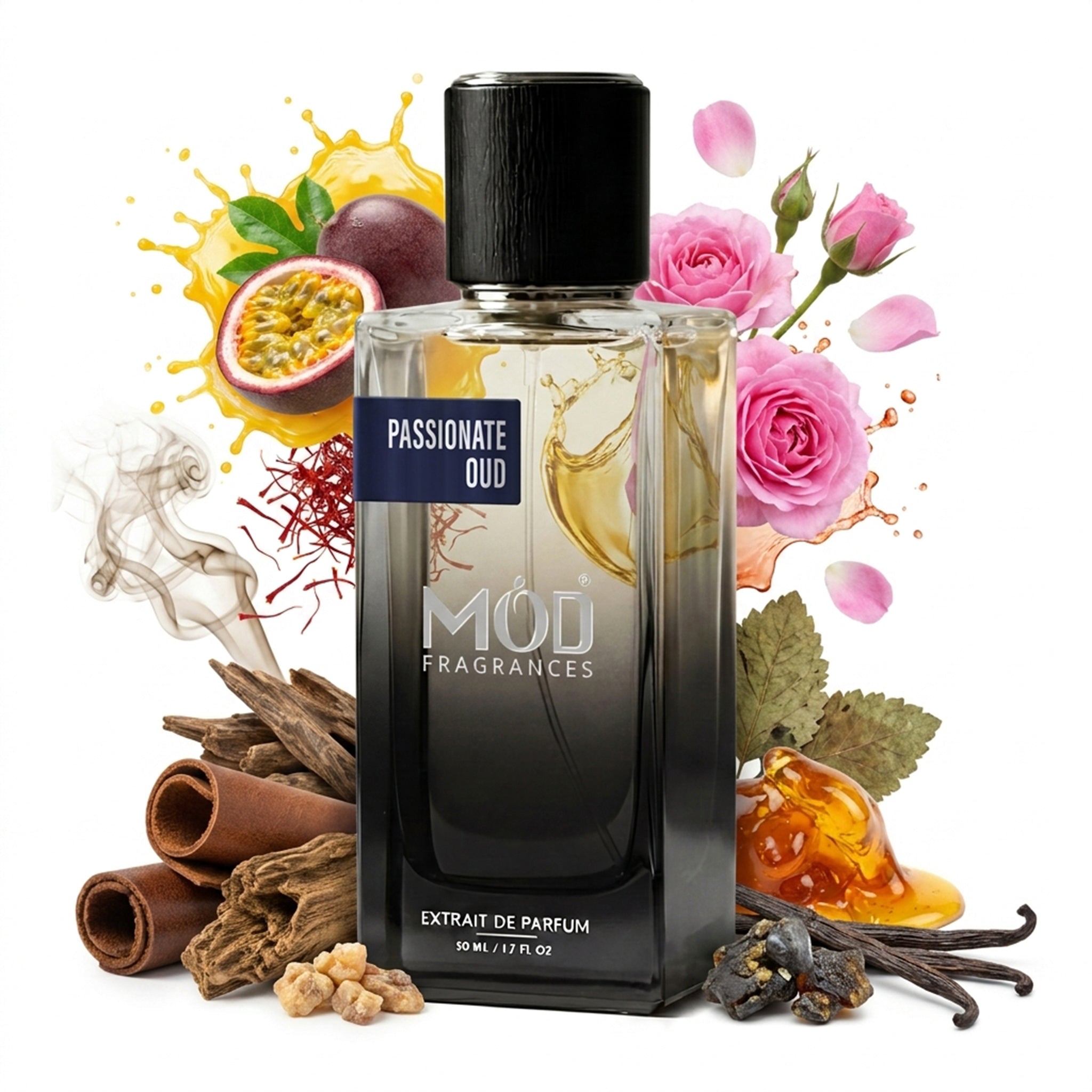 A glass perfume bottle by MOD Fragrances, labeled "Passionate Oud" is surrounded by a vibrant artistic arrangement of its fragrance ingredients, including leather, amber, Starwood oud, smoke, passionfruit, saffron, against a white background.