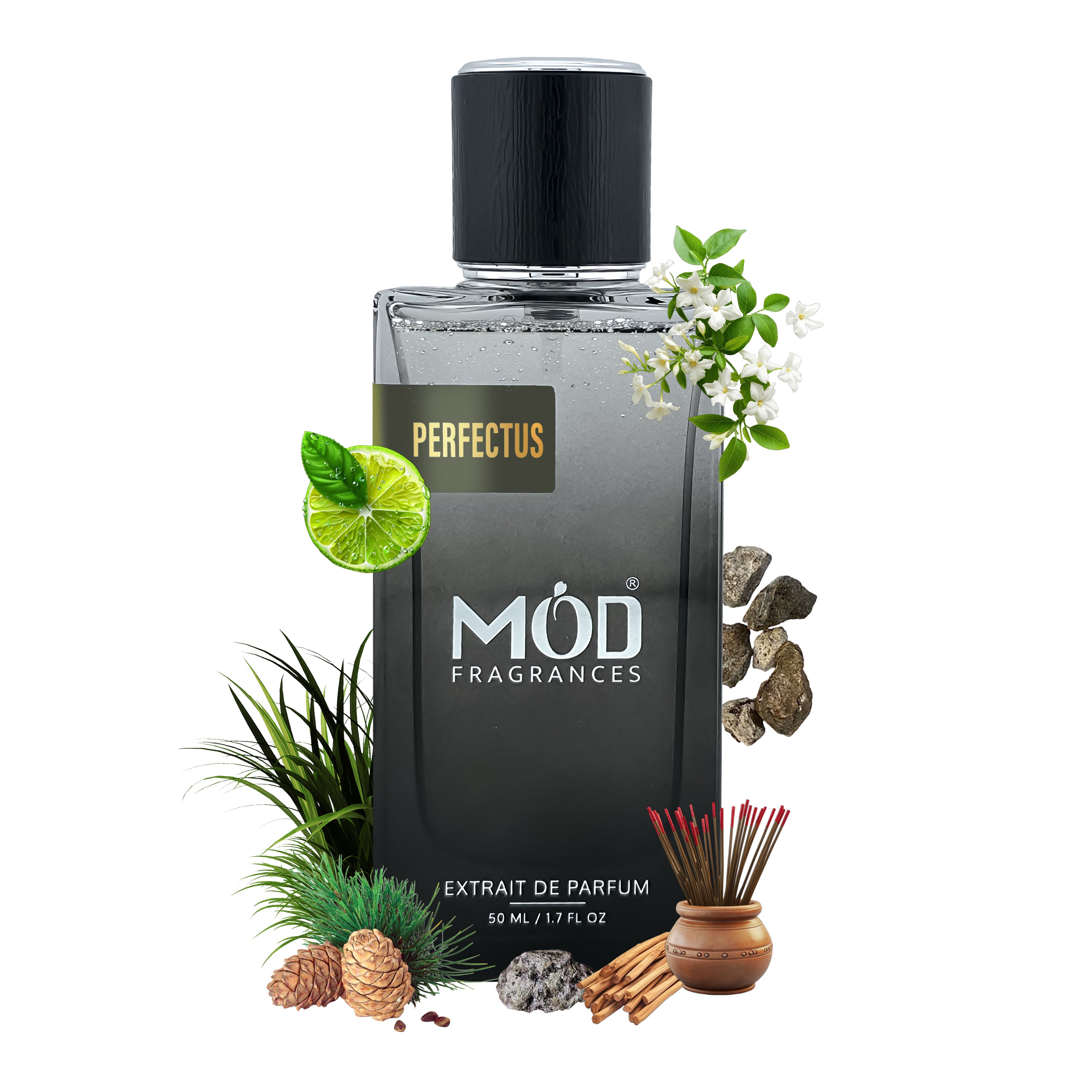 Black perfume bottle labeled 'Perfectus' by Möd Fragrances with decorative elements on a white background Penhaligon's The Inimitable William Dupe