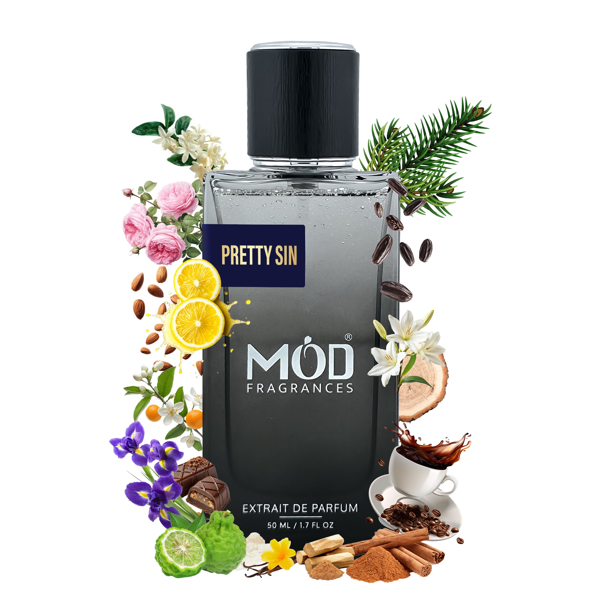 Inspired by Good Girl MOD Fragrances Pretty Sin perfume bottle surrounded by floral and spice elements on a white background