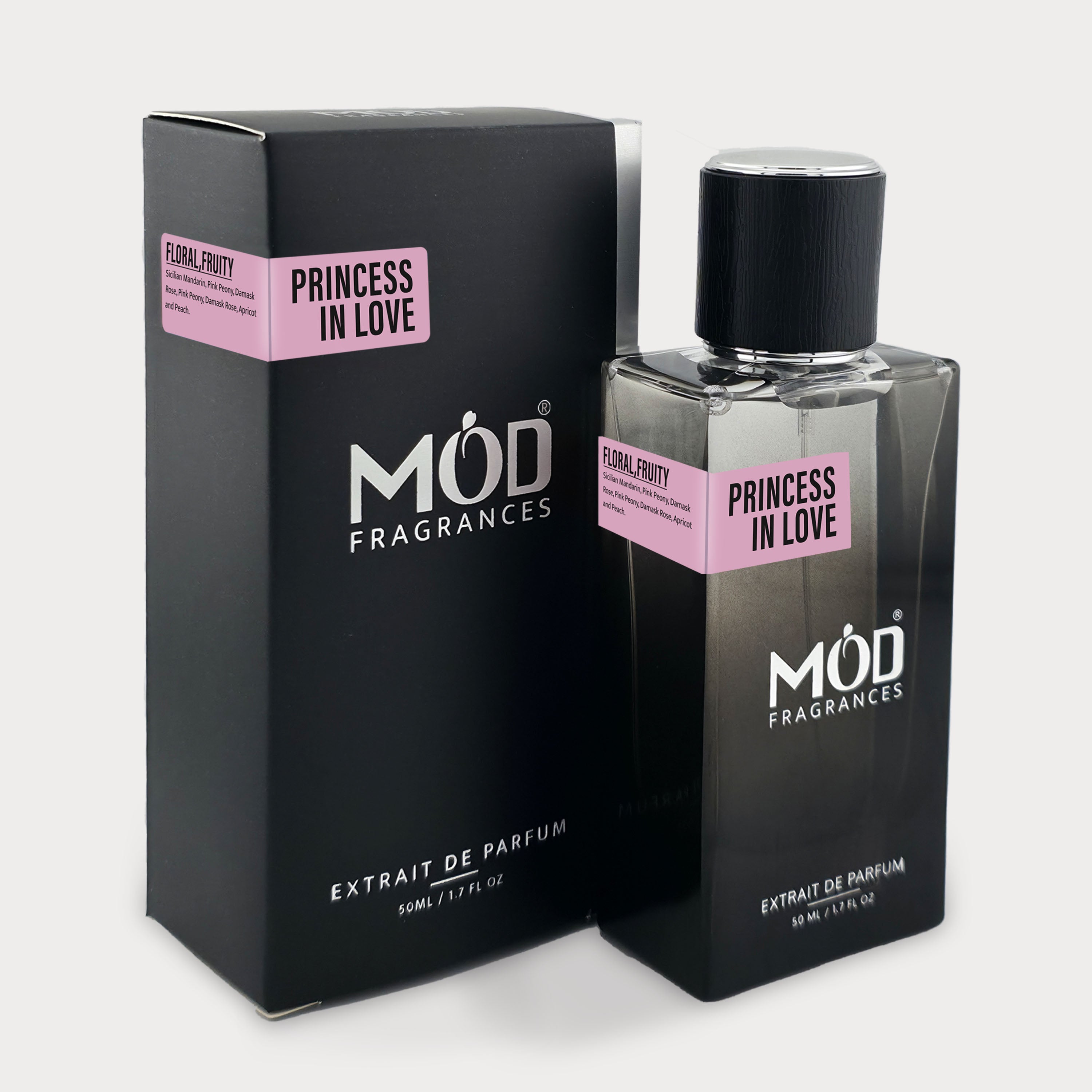 Möd Fragrances 'Princess in Love' perfume bottle and packaging on a white background