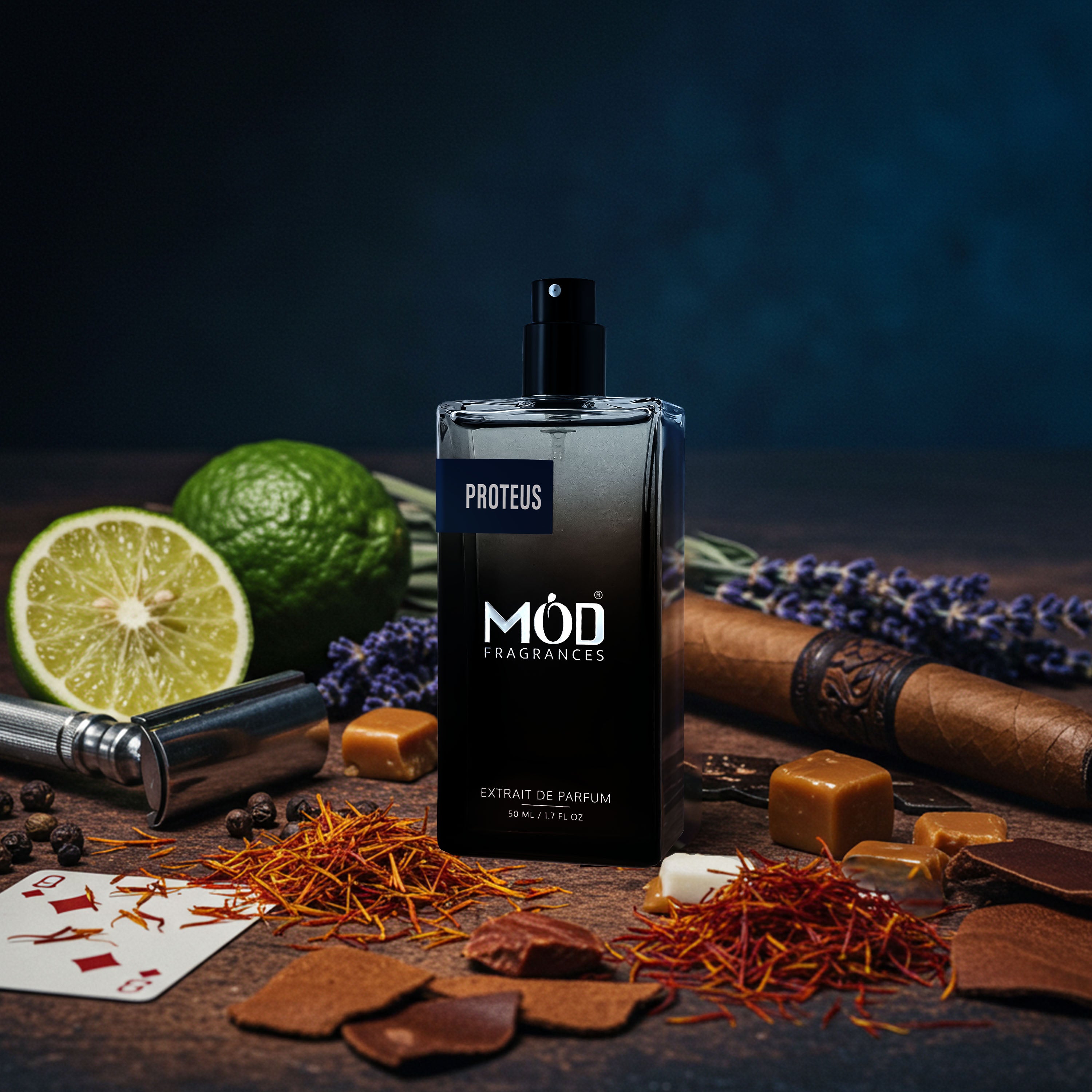 Möd Fragrances Protéus perfume bottle on a dark background with aromatic items.