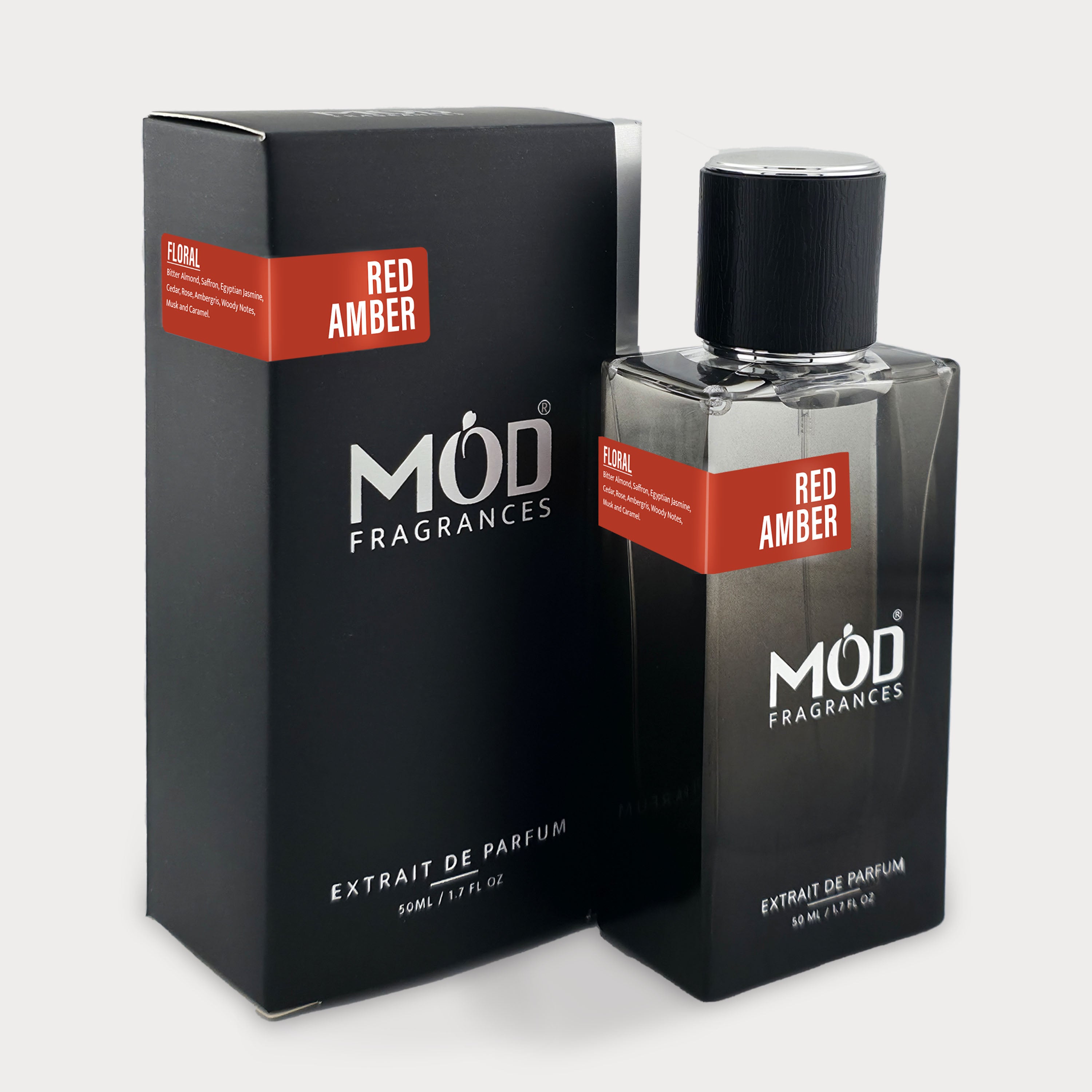 Möd Fragrances Red Amber perfume bottle and packaging on a white background