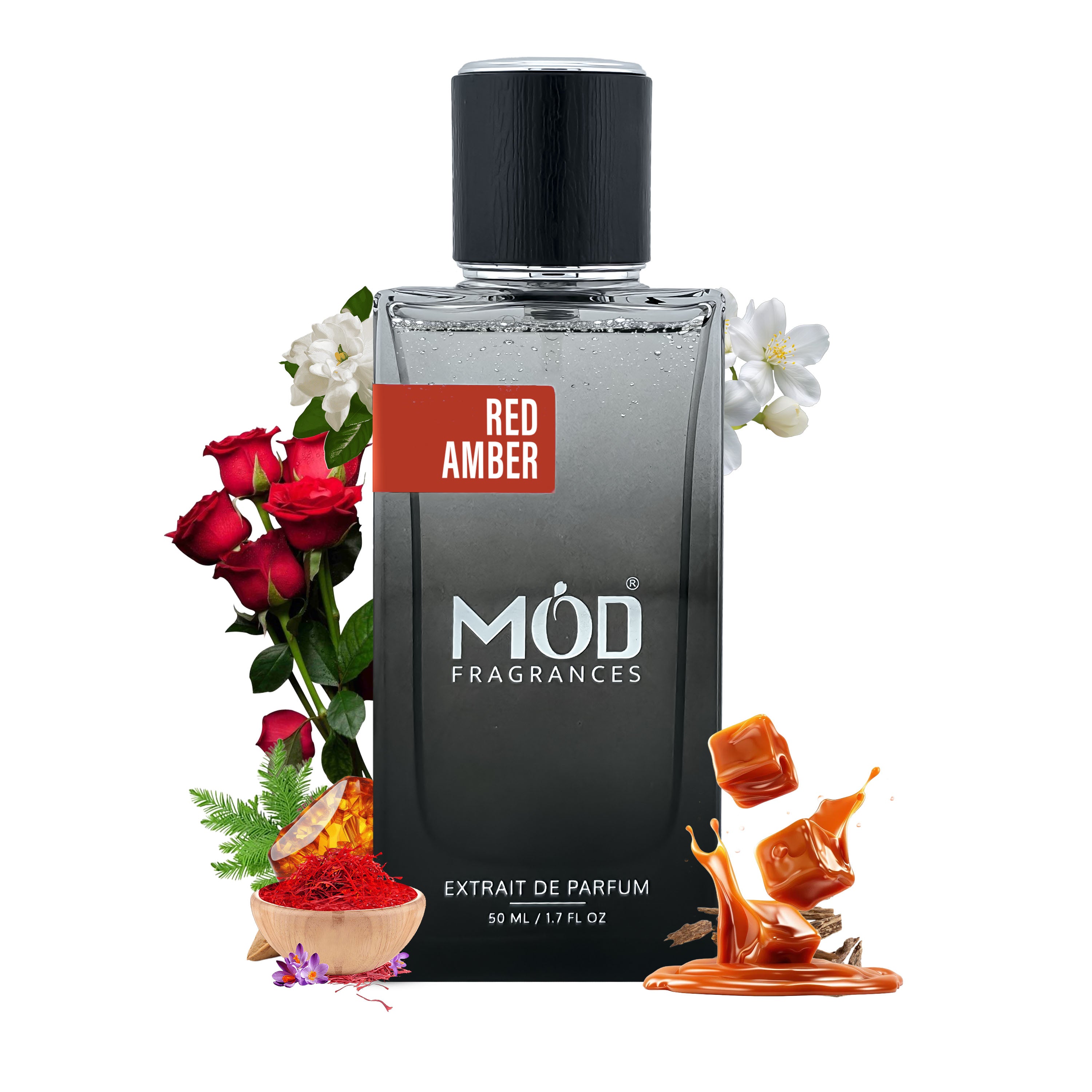 Perfume bottle labeled 'Red Amber' by Möd Fragrances with floral and caramel elements on a white background