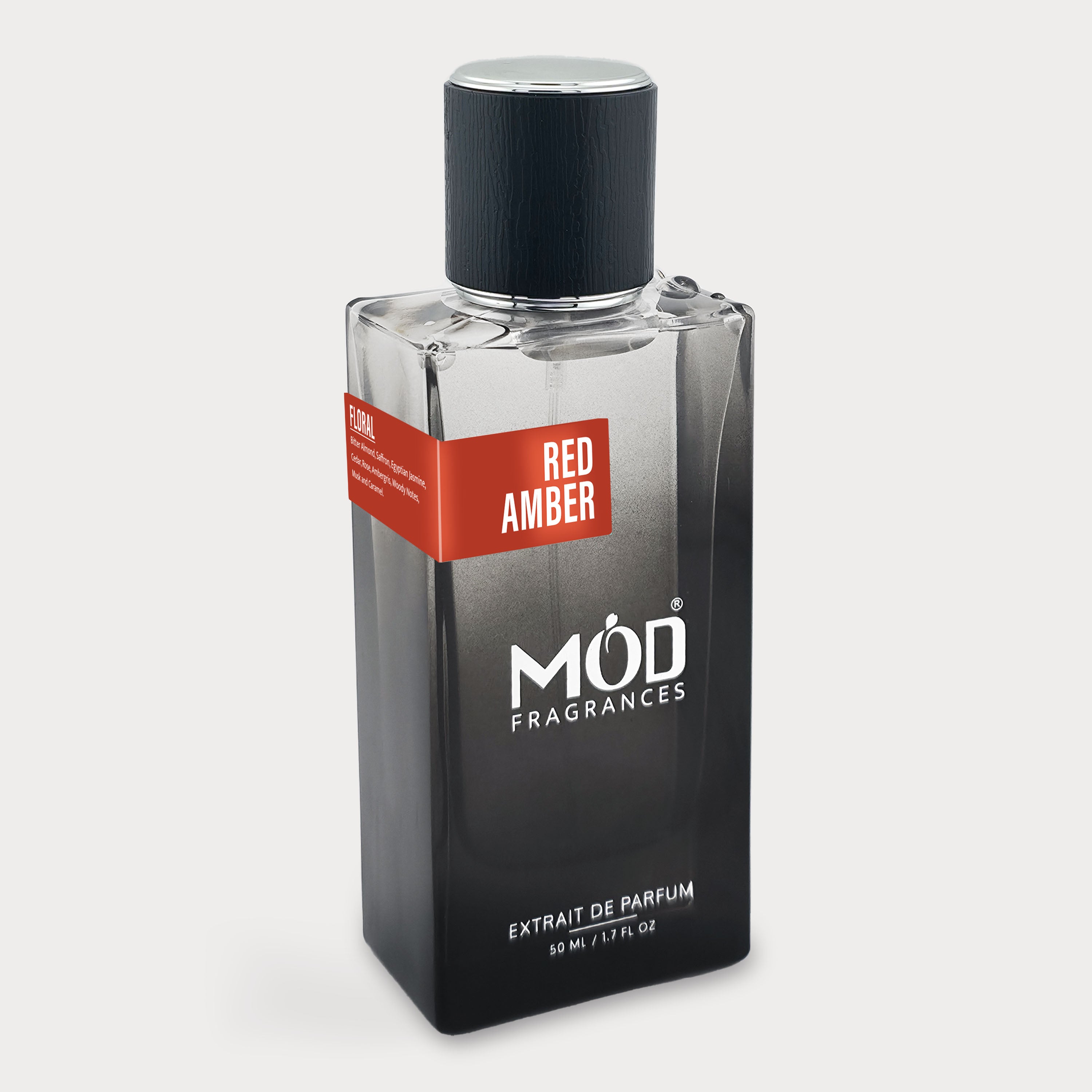 Perfume bottle labeled 'Red Amber' by MOD Fragrances on a light gray background