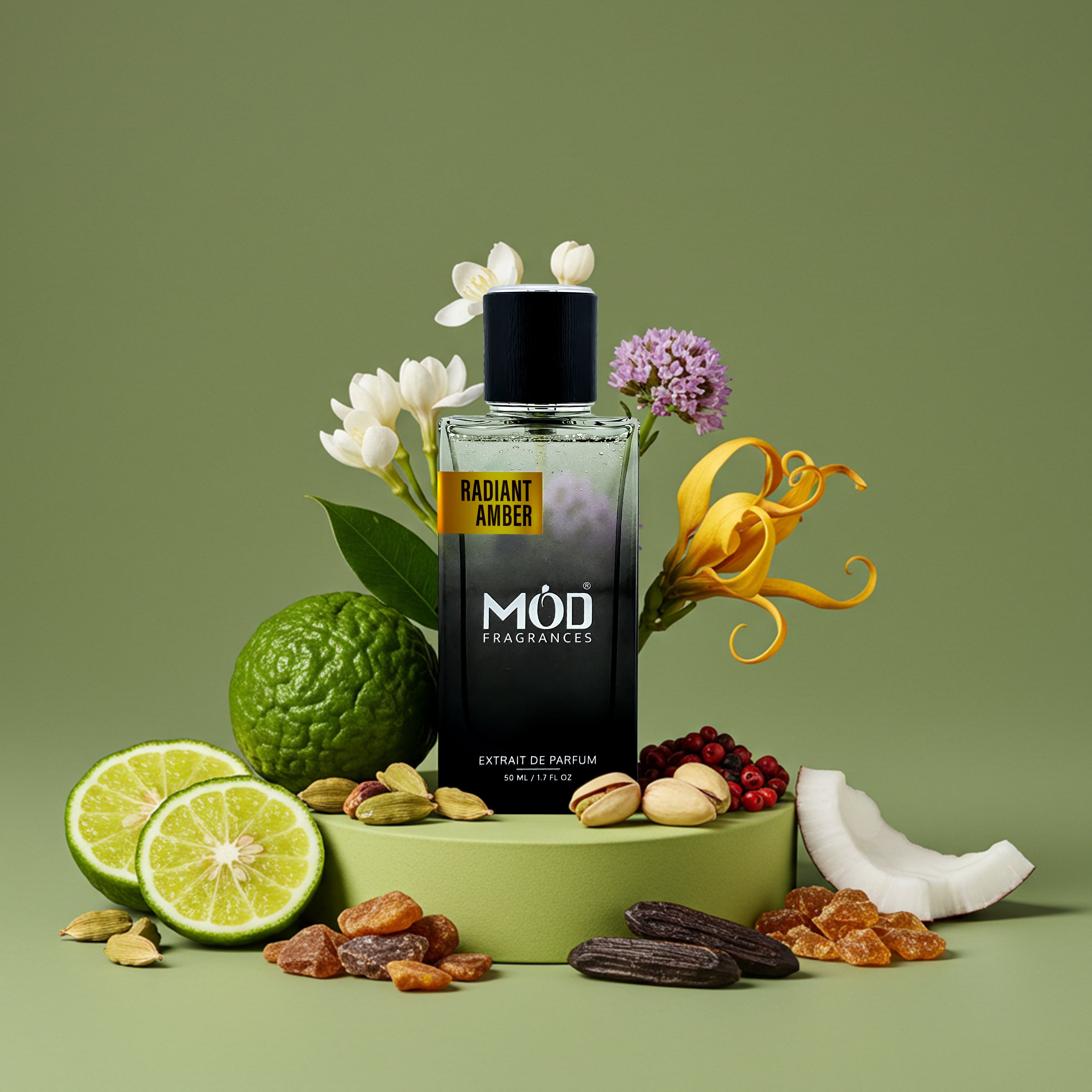 Perfume bottle labeled 'Möd Fragrances' surrounded by fruits, flowers, and spices on a green background