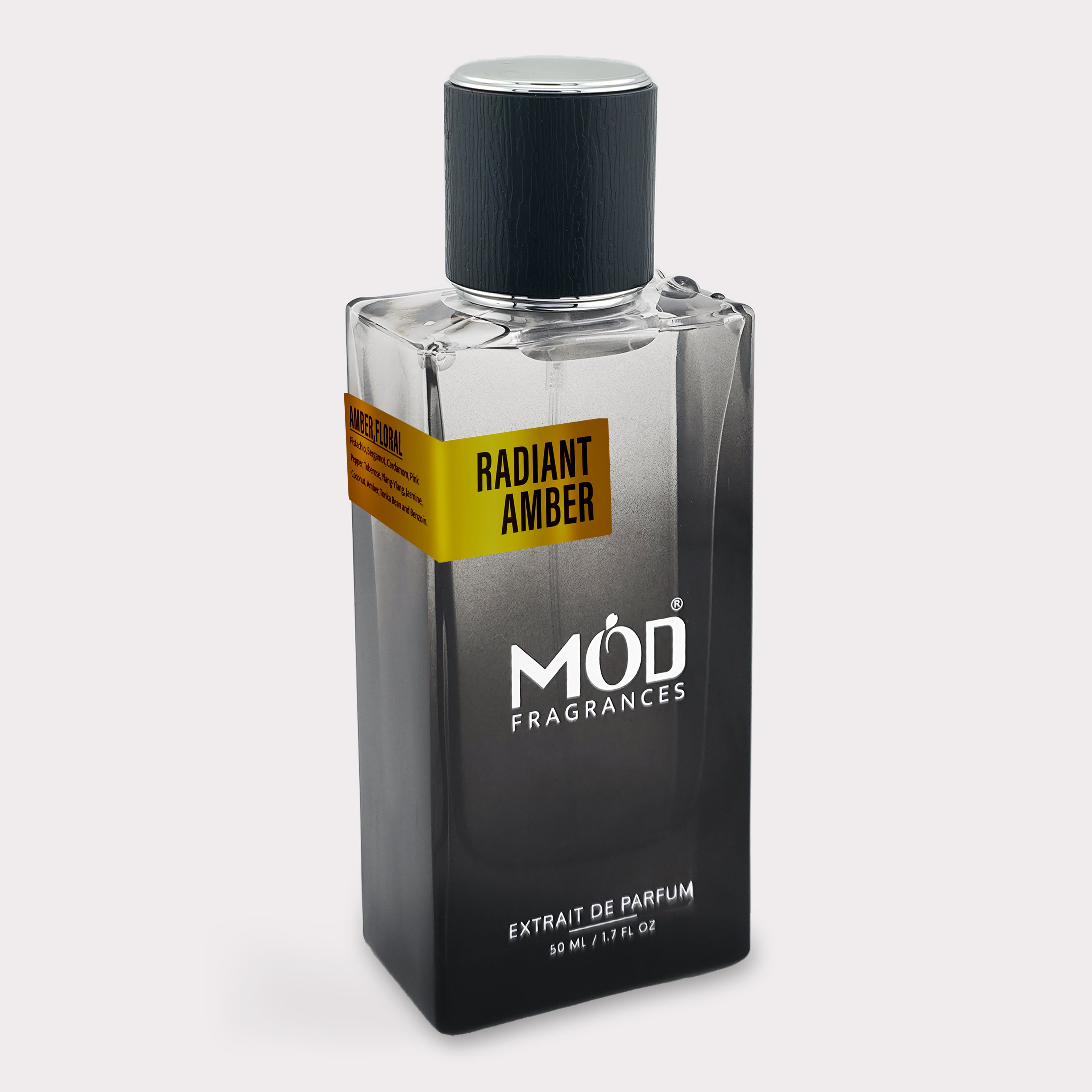 Perfume bottle labeled 'Radiant Amber' by MOD Fragrances on a white background